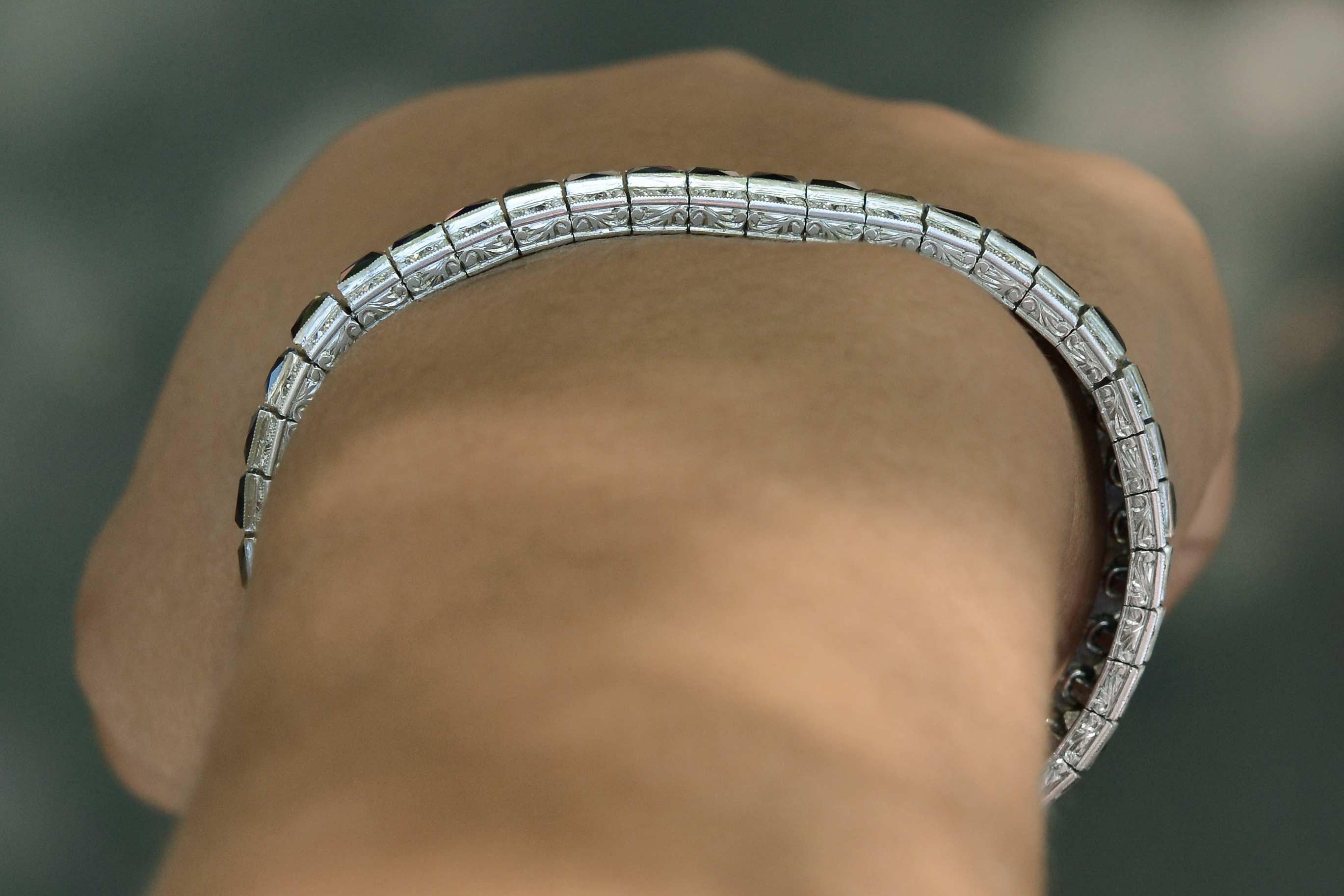 Old European Cut Antique Art Deco Diamond Sapphire Bracelet Over 8 Carat 3-Row Straight Line
