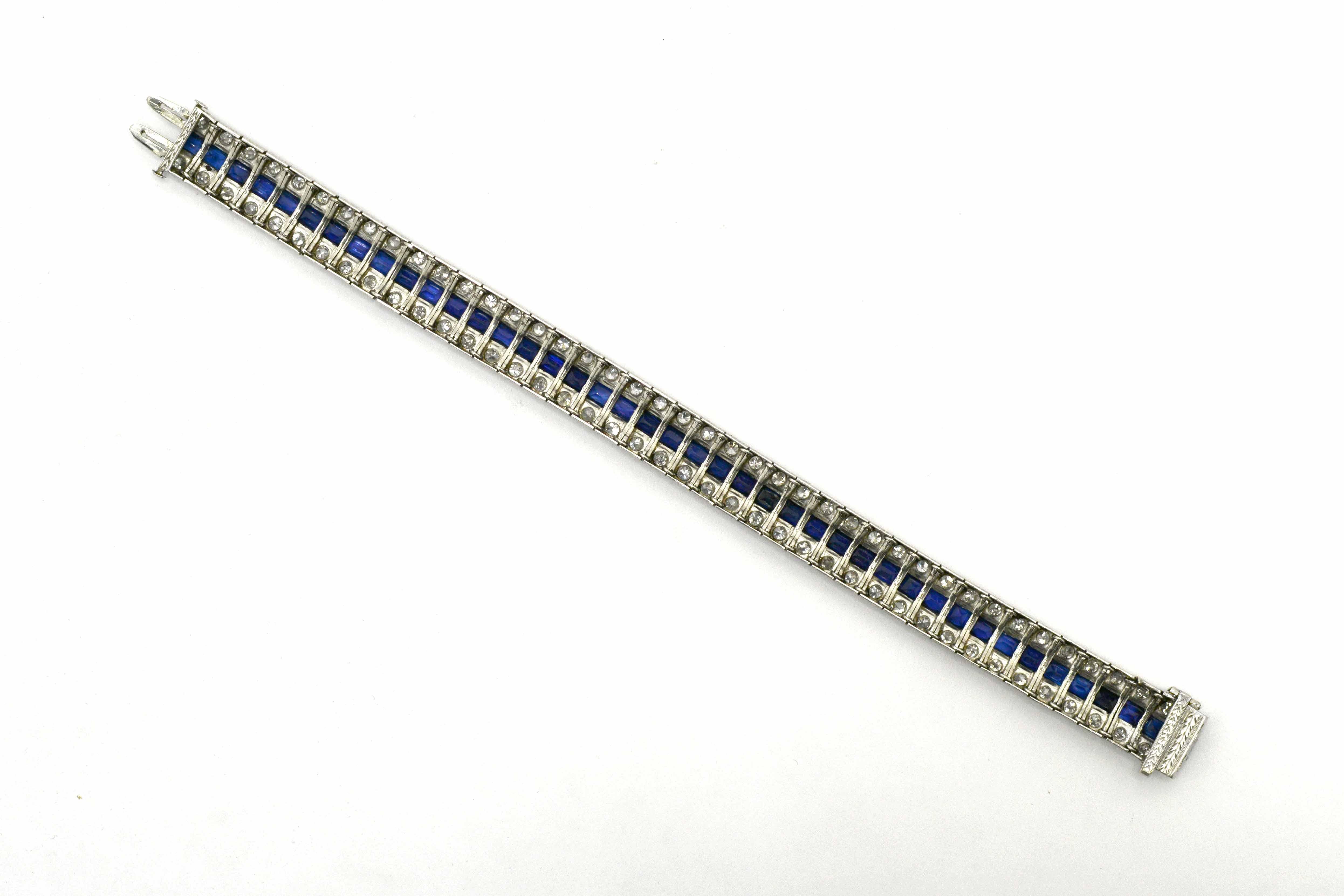Antique Art Deco Diamond Sapphire Bracelet Over 8 Carat 3-Row Straight Line 1