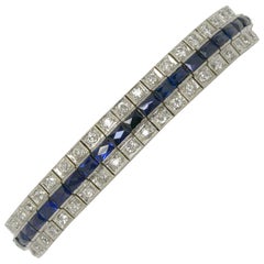 Antique Art Deco Diamond Sapphire Bracelet Over 8 Carat 3-Row Straight Line