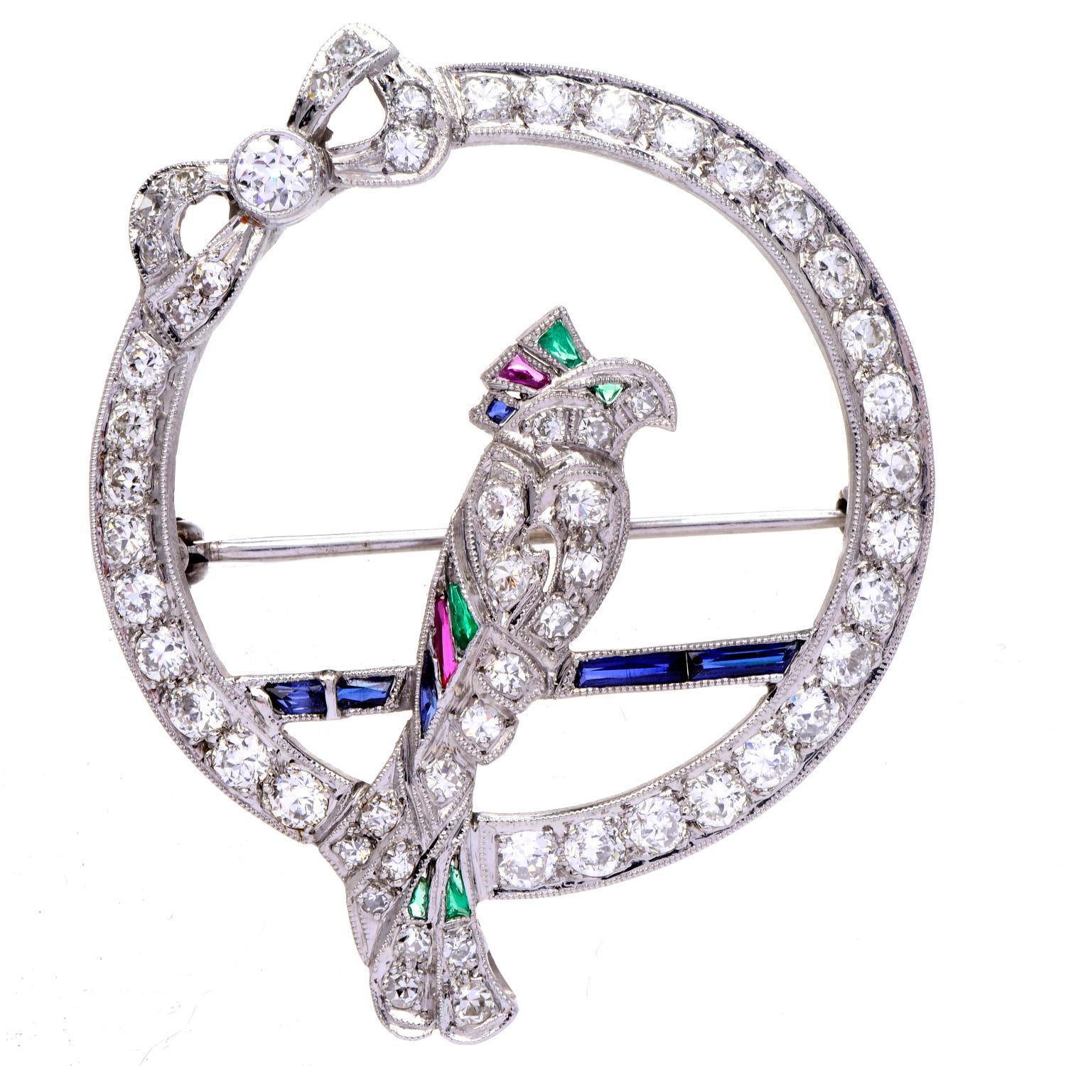 Round Cut Antique Art Deco Diamond Sapphire Emerald Platinum Bird Parrot Brooch-Pin