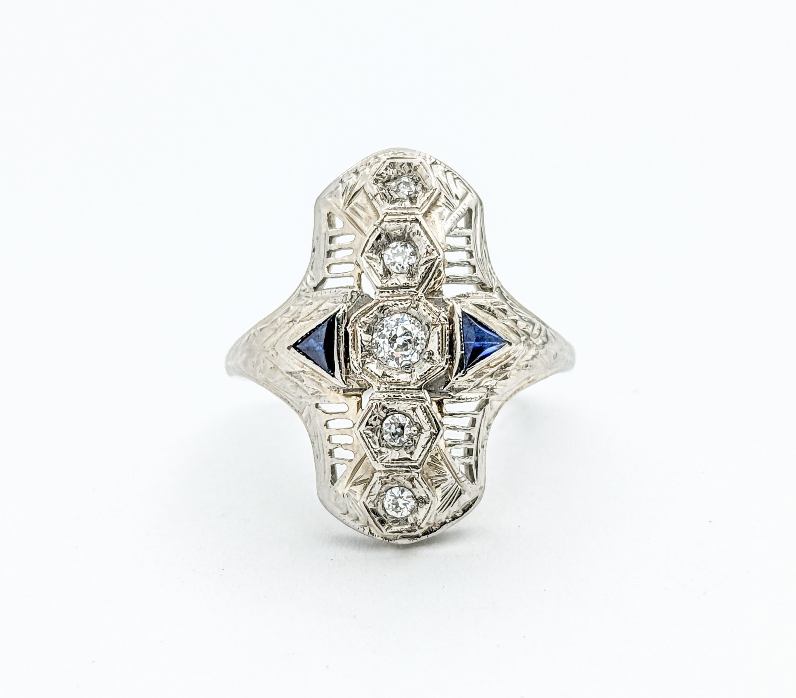 Old European Cut Antique Art Deco Diamond & Sapphire Filigree Shield Ring In White Gold For Sale