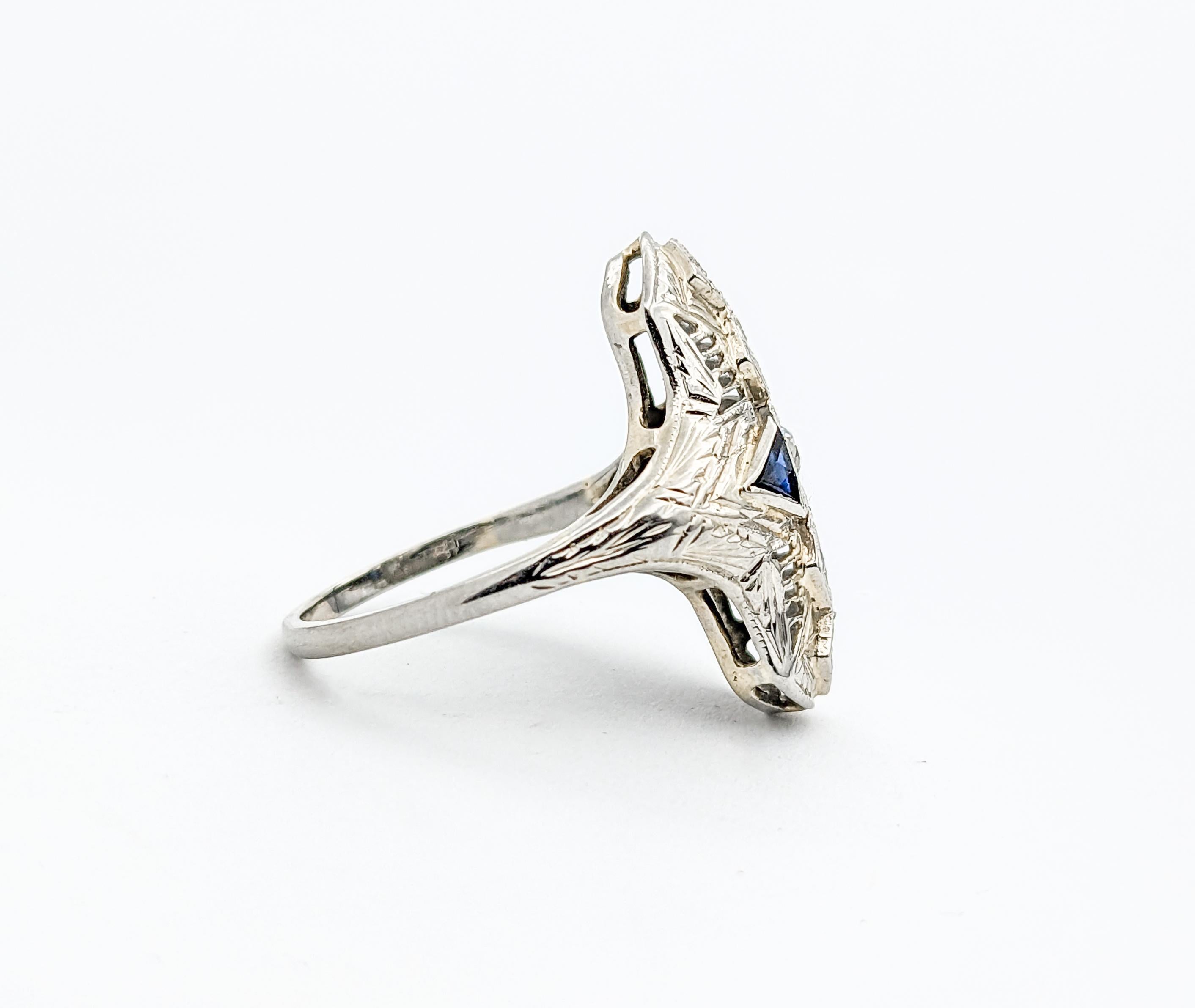 Antique Art Deco Diamond & Sapphire Filigree Shield Ring In White Gold In Excellent Condition For Sale In Bloomington, MN