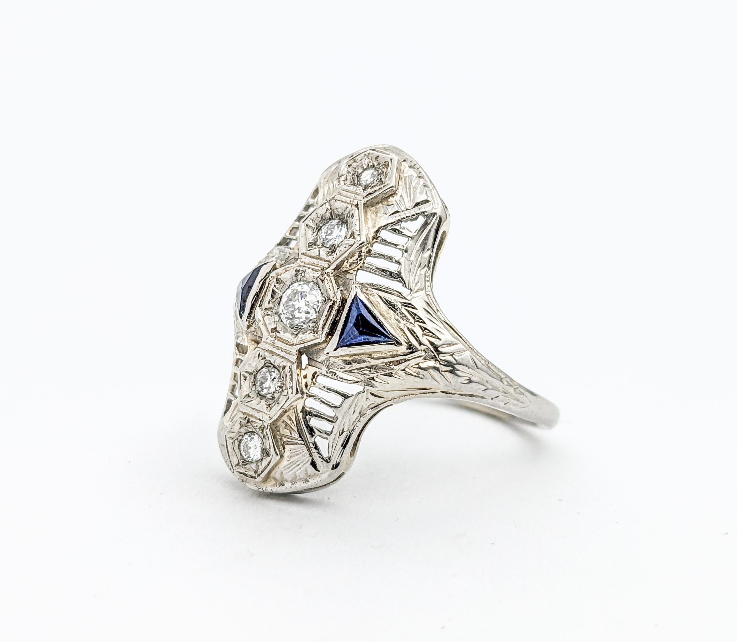 Women's Antique Art Deco Diamond & Sapphire Filigree Shield Ring In White Gold For Sale