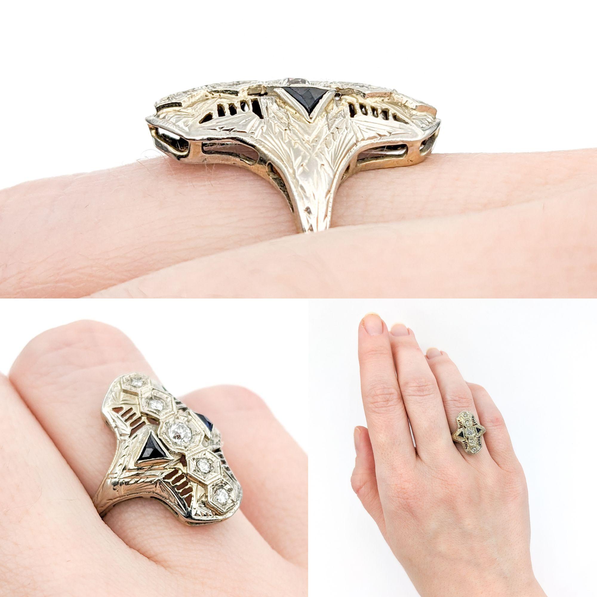 Antique Art Deco Diamond & Sapphire Filigree Shield Ring In White Gold For Sale 1