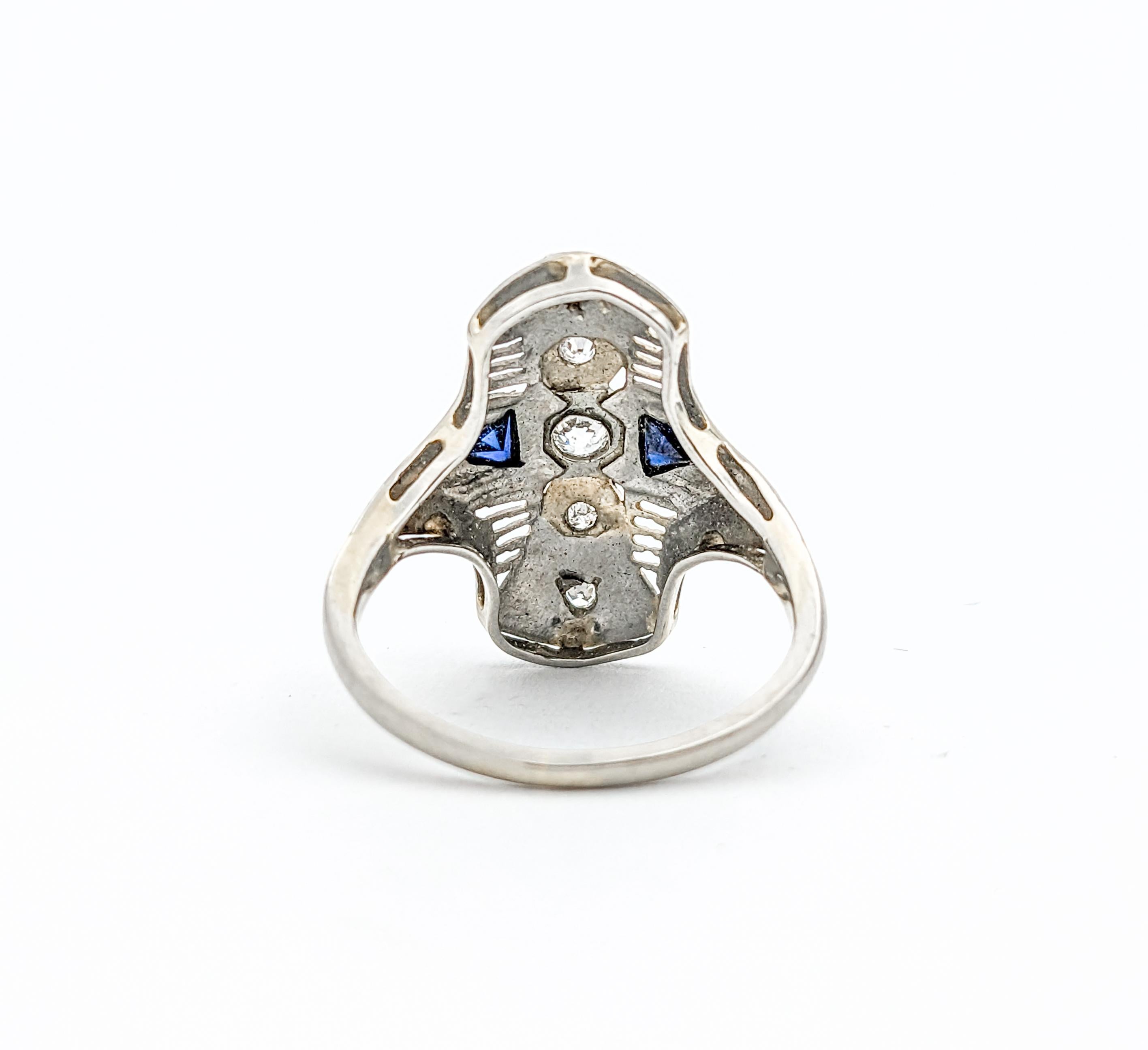 Antique Art Deco Diamond & Sapphire Filigree Shield Ring In White Gold For Sale 2