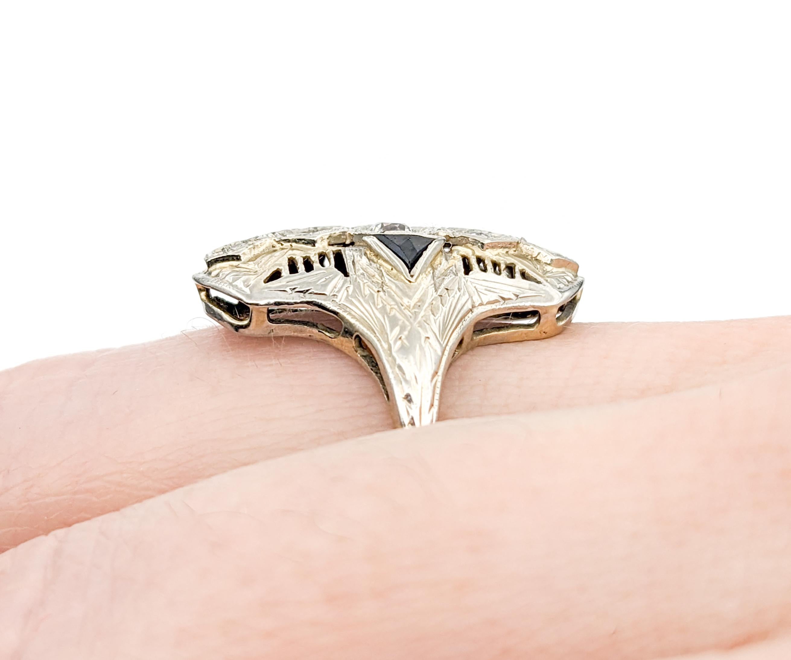 Antique Art Deco Diamond & Sapphire Filigree Shield Ring In White Gold For Sale 3