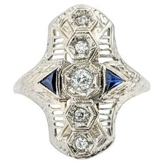 Antique Art Deco Diamond & Sapphire Filigree Shield Ring In White Gold