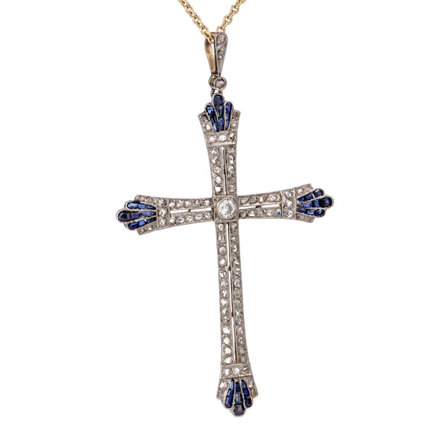 Antique Art Deco Diamond Sapphire Platinum 18 Karat Cross Pendant In Excellent Condition In Miami, FL