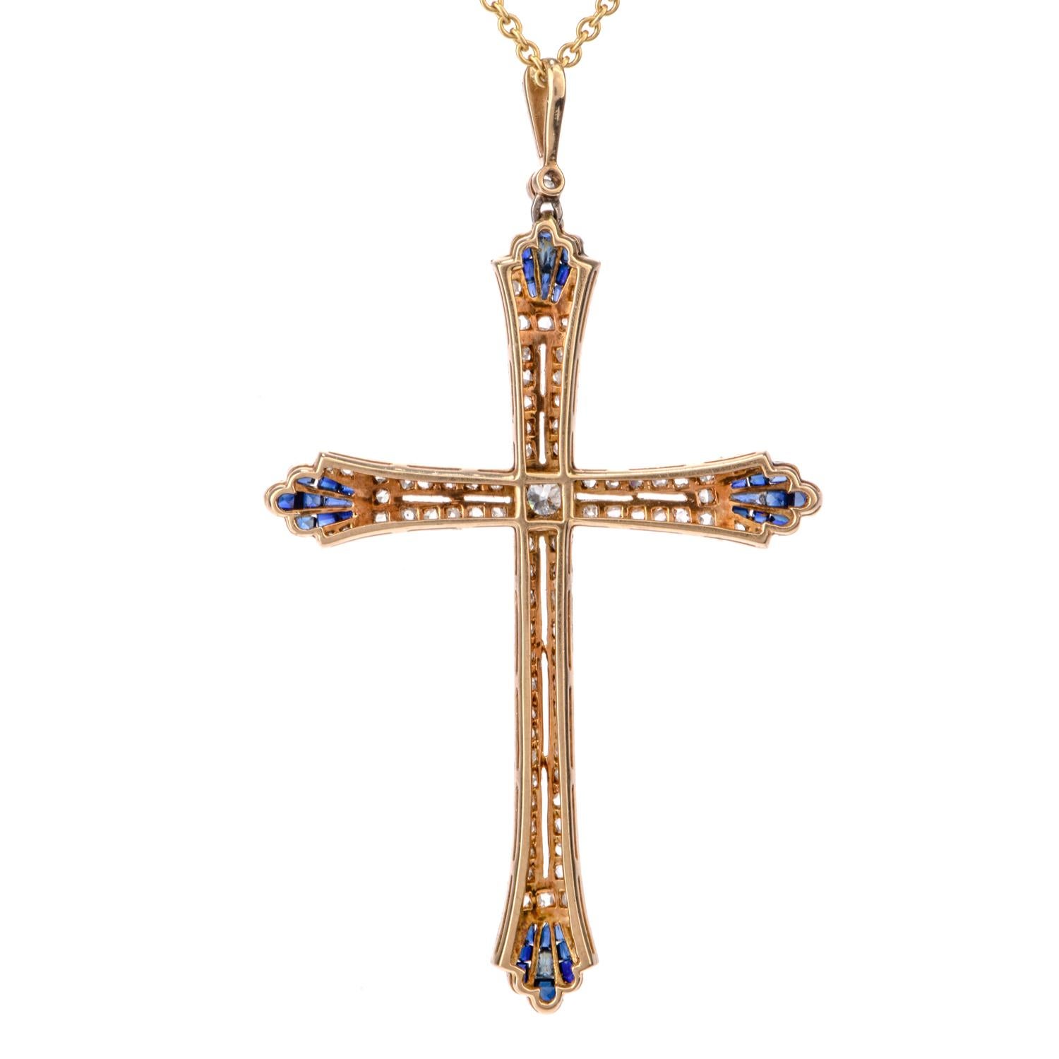 Women's or Men's Antique Art Deco Diamond Sapphire Platinum 18 Karat Cross Pendant