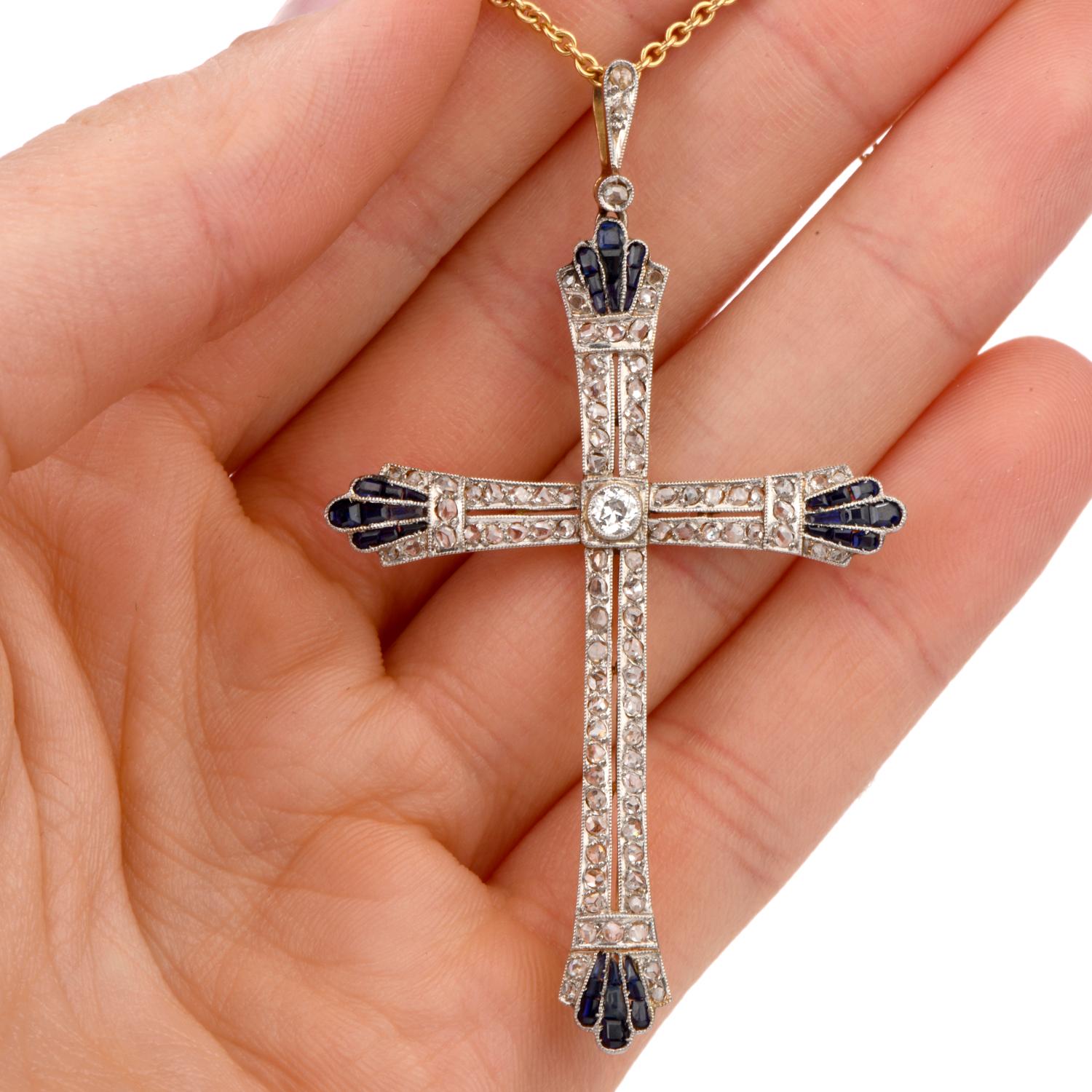 Antique Art Deco Diamond Sapphire Platinum 18 Karat Cross Pendant 1