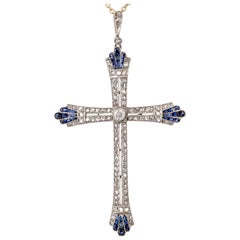 Antique Art Deco Diamond Sapphire Platinum 18 Karat Cross Pendant