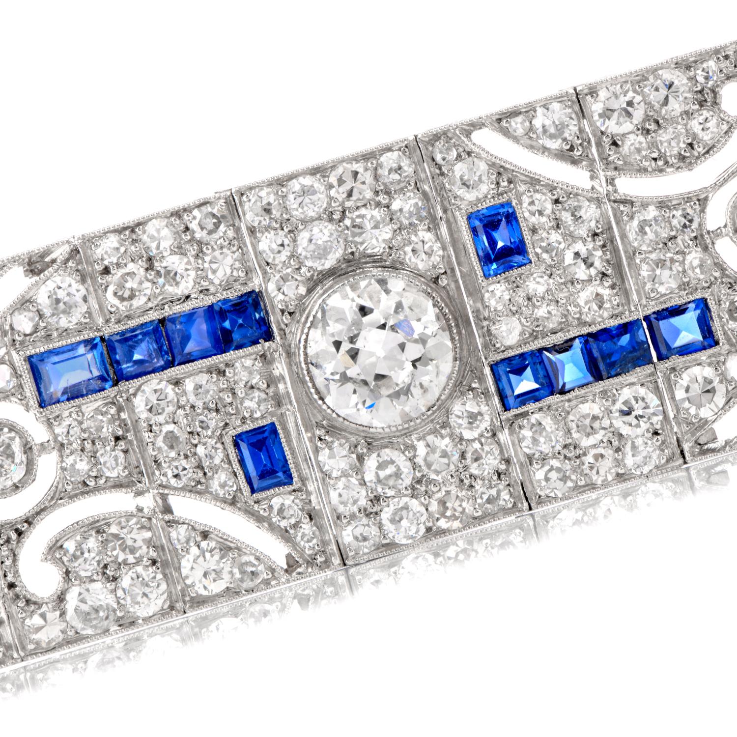 antique 1920's  Art Deco and abstract define the patterns running throughout

this beautiful antique bracelet.  Round European cut

diamonds and rose cut Sapphire adorn in repeating designs.

5 larger diamonds weigh appx. 2.75 carats.

Total