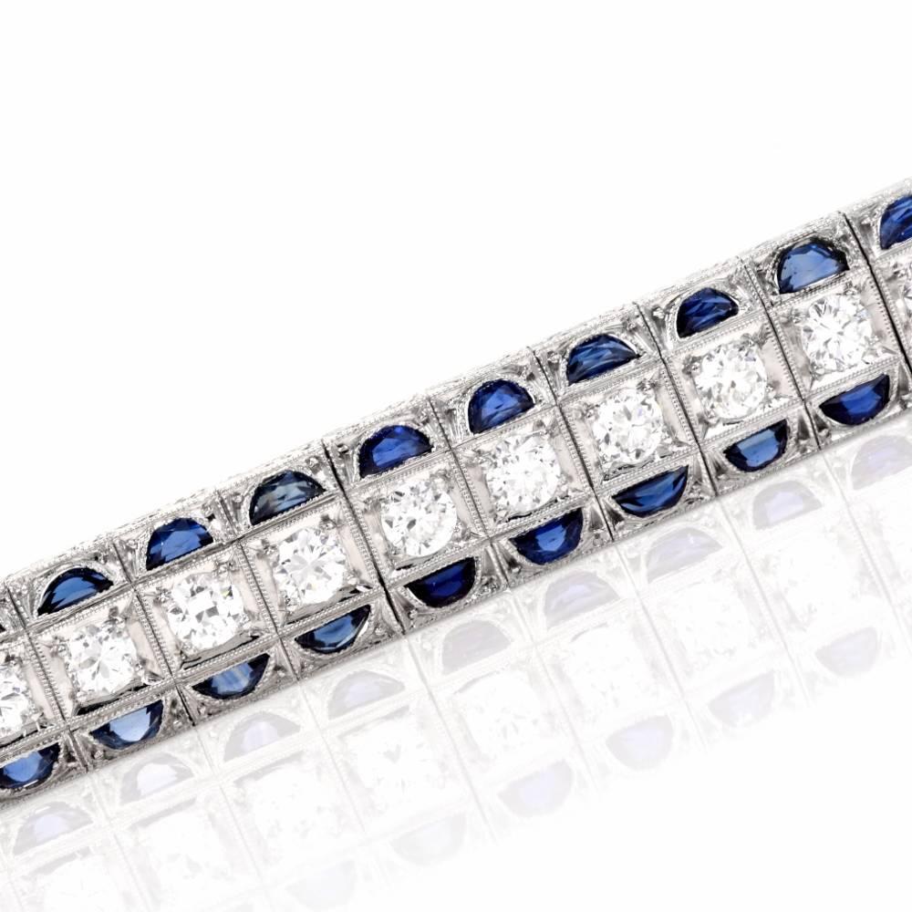 Antique Art Deco Diamond Sapphire Platinum Bracelet In Excellent Condition In Miami, FL