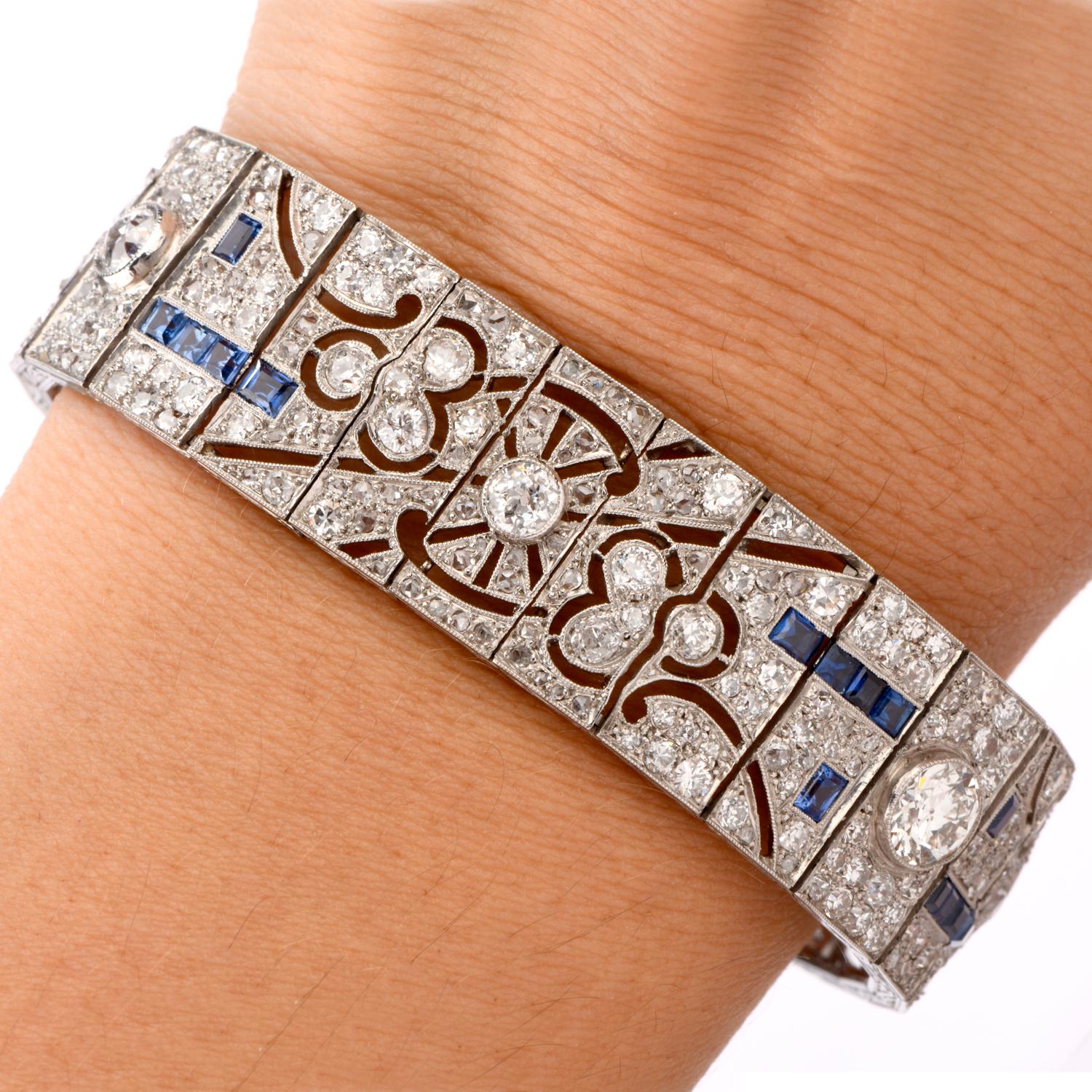Antique Art Deco Diamond Sapphire Platinum Bracelet In Excellent Condition In Miami, FL