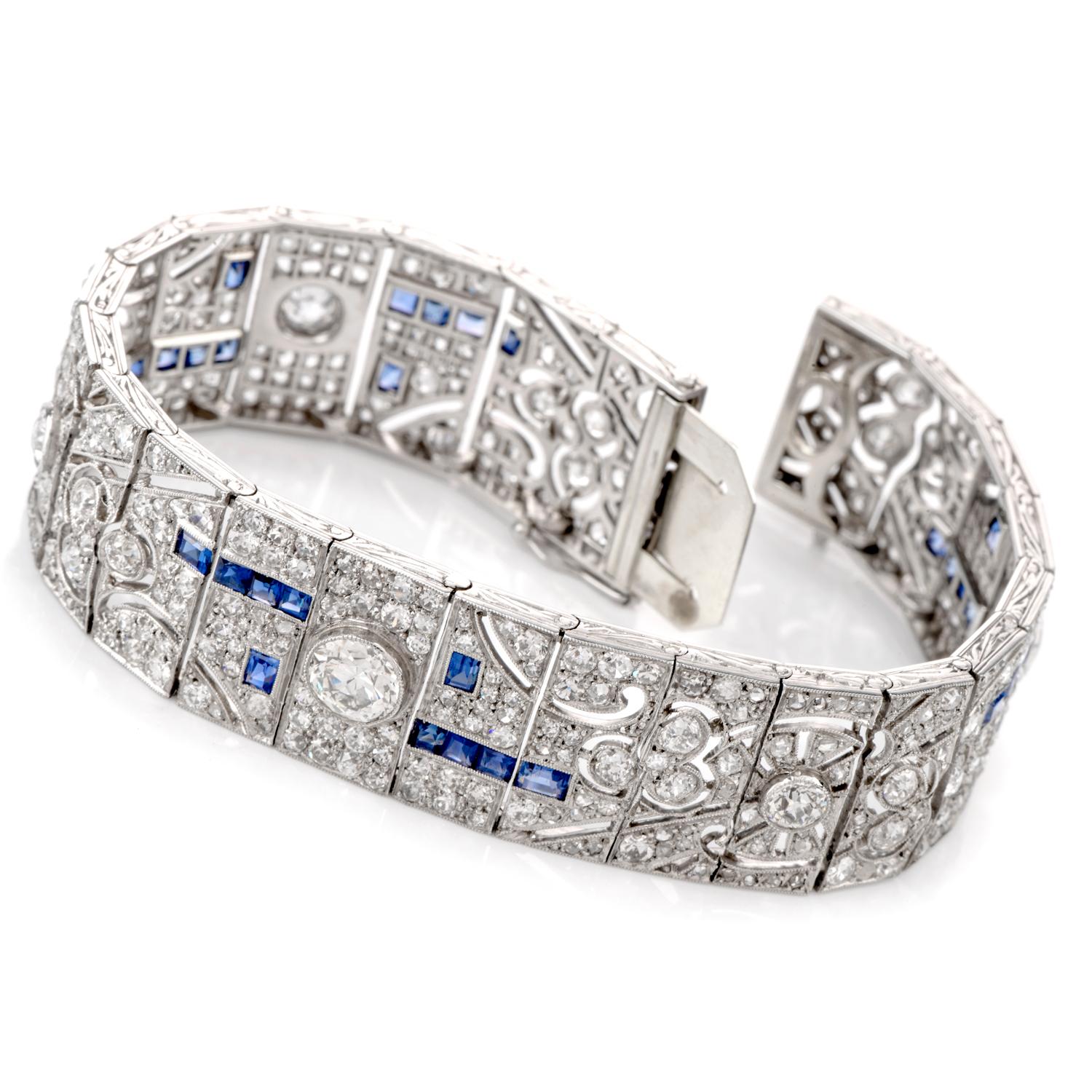Women's or Men's Antique Art Deco Diamond Sapphire Platinum Bracelet