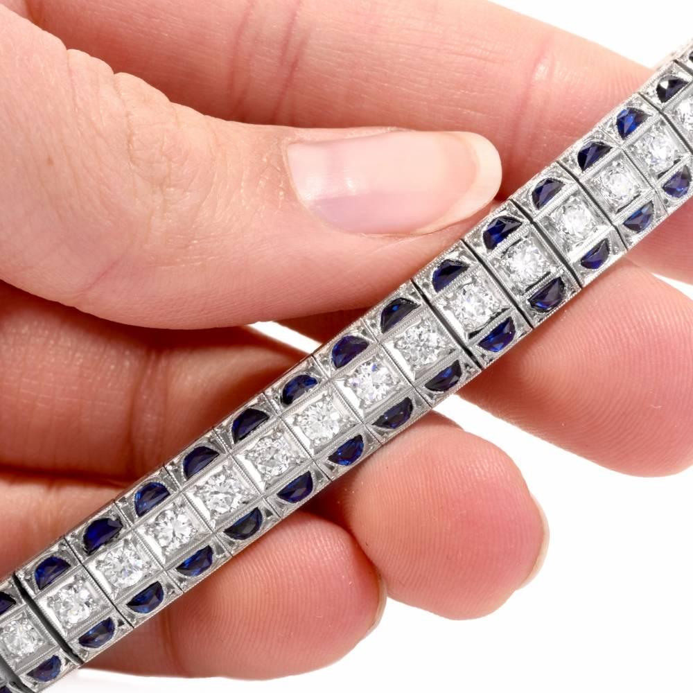 Antique Art Deco Diamond Sapphire Platinum Bracelet 2