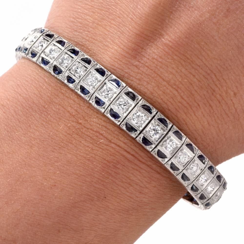 Antique Art Deco Diamond Sapphire Platinum Bracelet 3