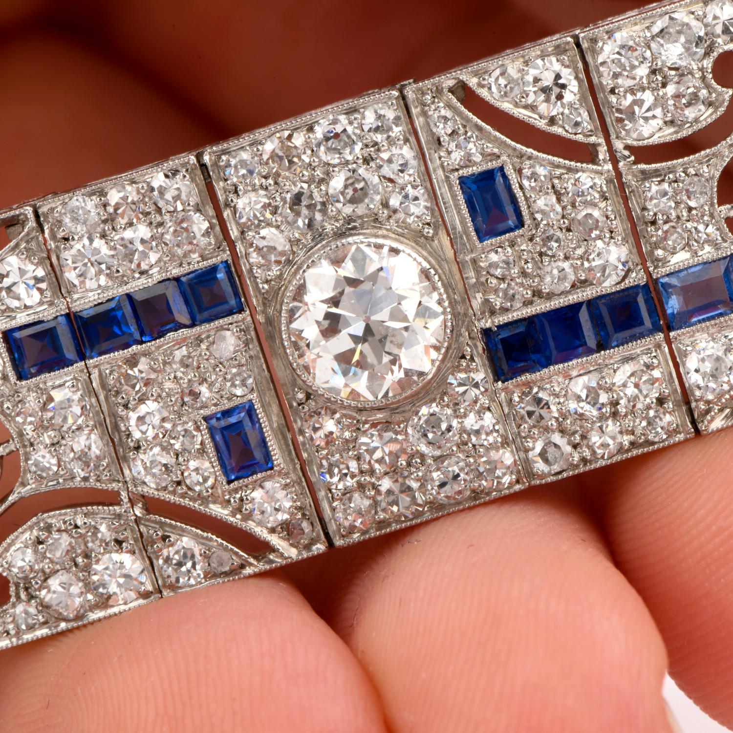 Antique Art Deco Diamond Sapphire Platinum Bracelet 3