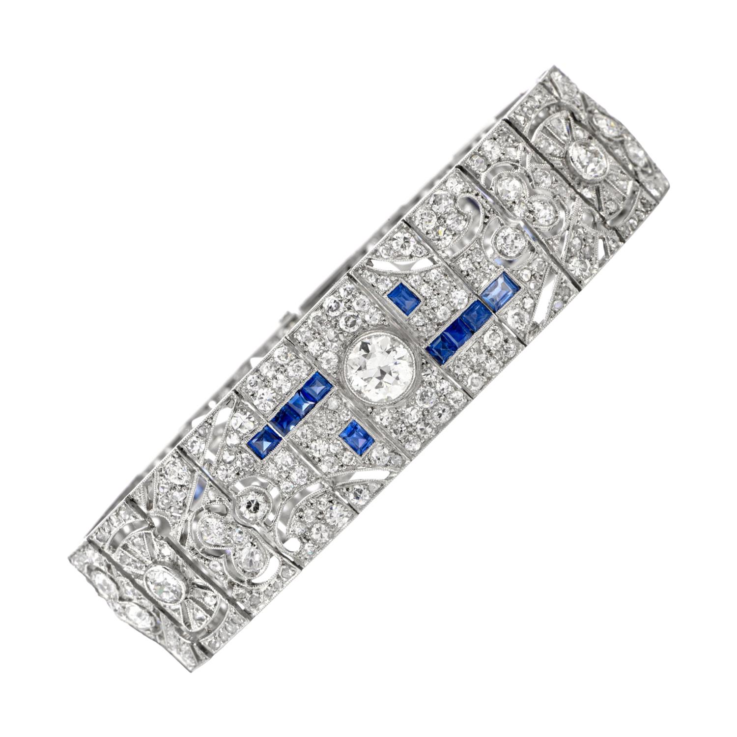 Antique Art Deco Diamond Sapphire Platinum Bracelet