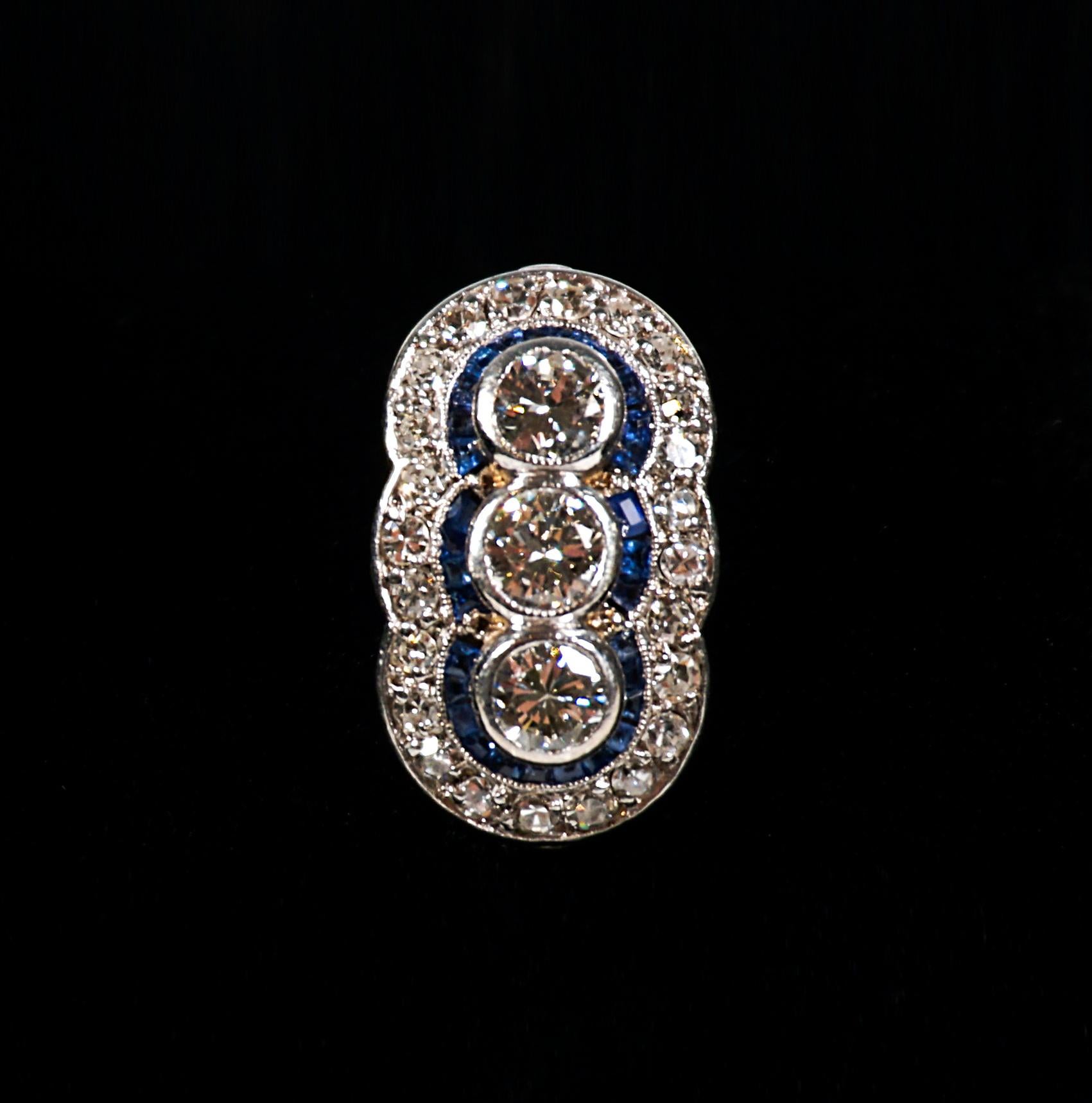 Women's  Antique Art Déco Diamond & Sapphire Platinum Oval Cocktail Ring, Austria c 1920 For Sale