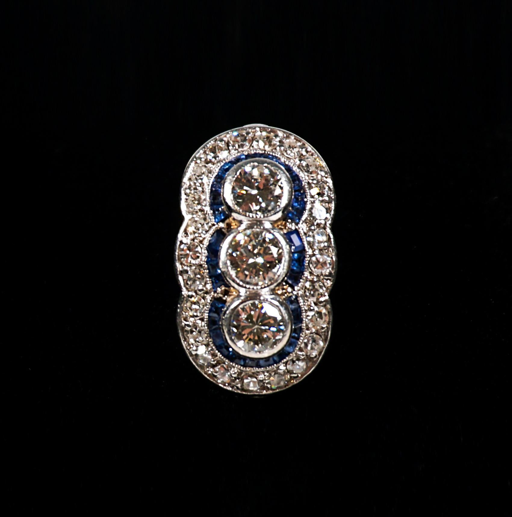 Women's Antique Art Déco Diamond & Sapphire Platinum Oval Cocktail Ring, Austria c 1920