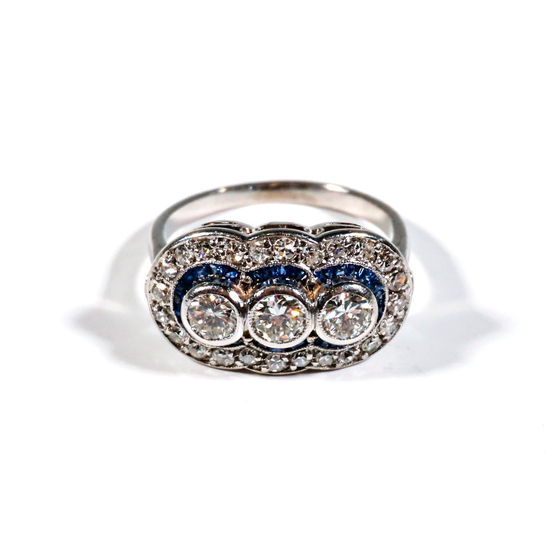  Antique Art Déco Diamond & Sapphire Platinum Oval Cocktail Ring, Austria c 1920 For Sale 3