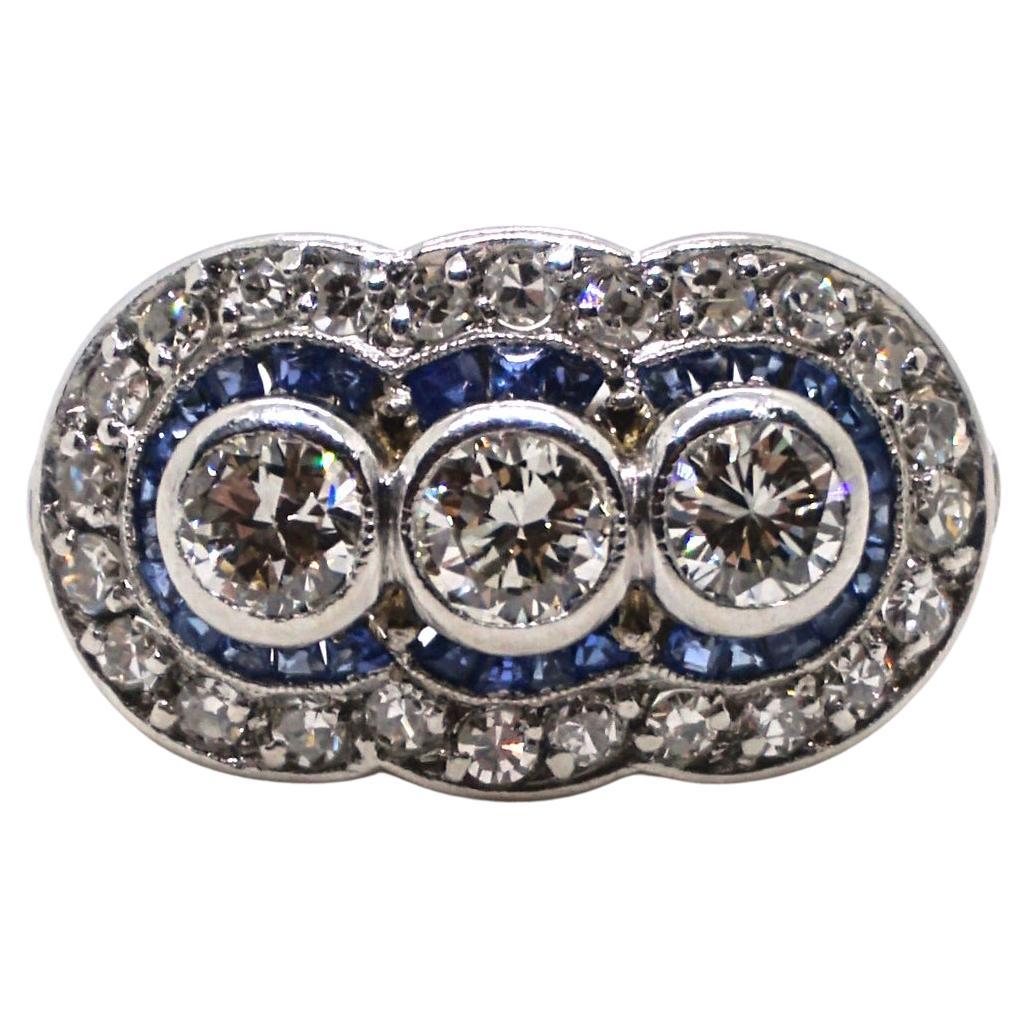  Antique Art Déco Diamond & Sapphire Platinum Oval Cocktail Ring, Austria c 1920 For Sale