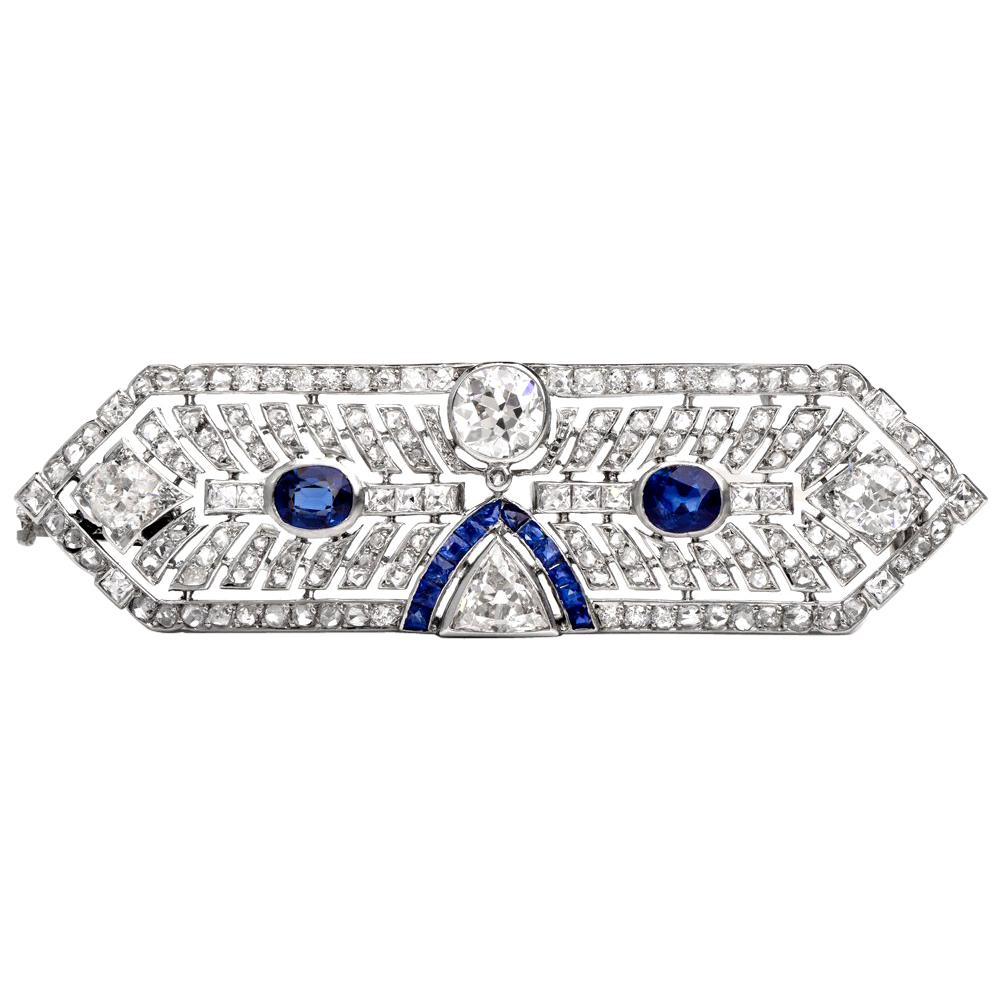 Antique Art Deco Diamond Sapphire Platinum Pin Brooch