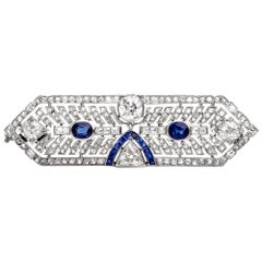 Antique Art Deco Diamond Sapphire Platinum Pin Brooch