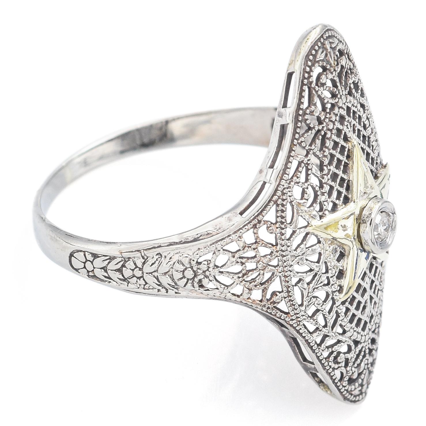 Women's Antique Art Deco Diamond White Gold Star Cocktail Ring Size 6 For Sale