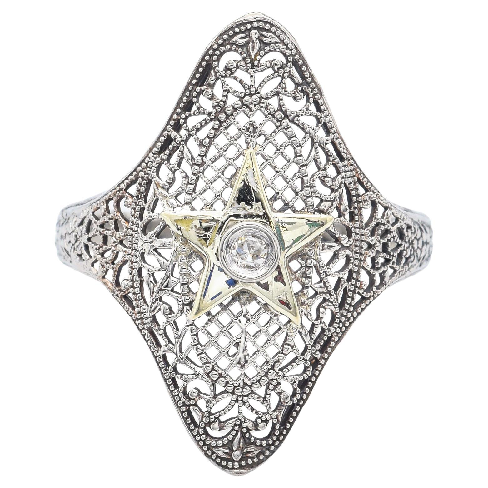 Antique Art Deco Diamond White Gold Star Cocktail Ring Size 6