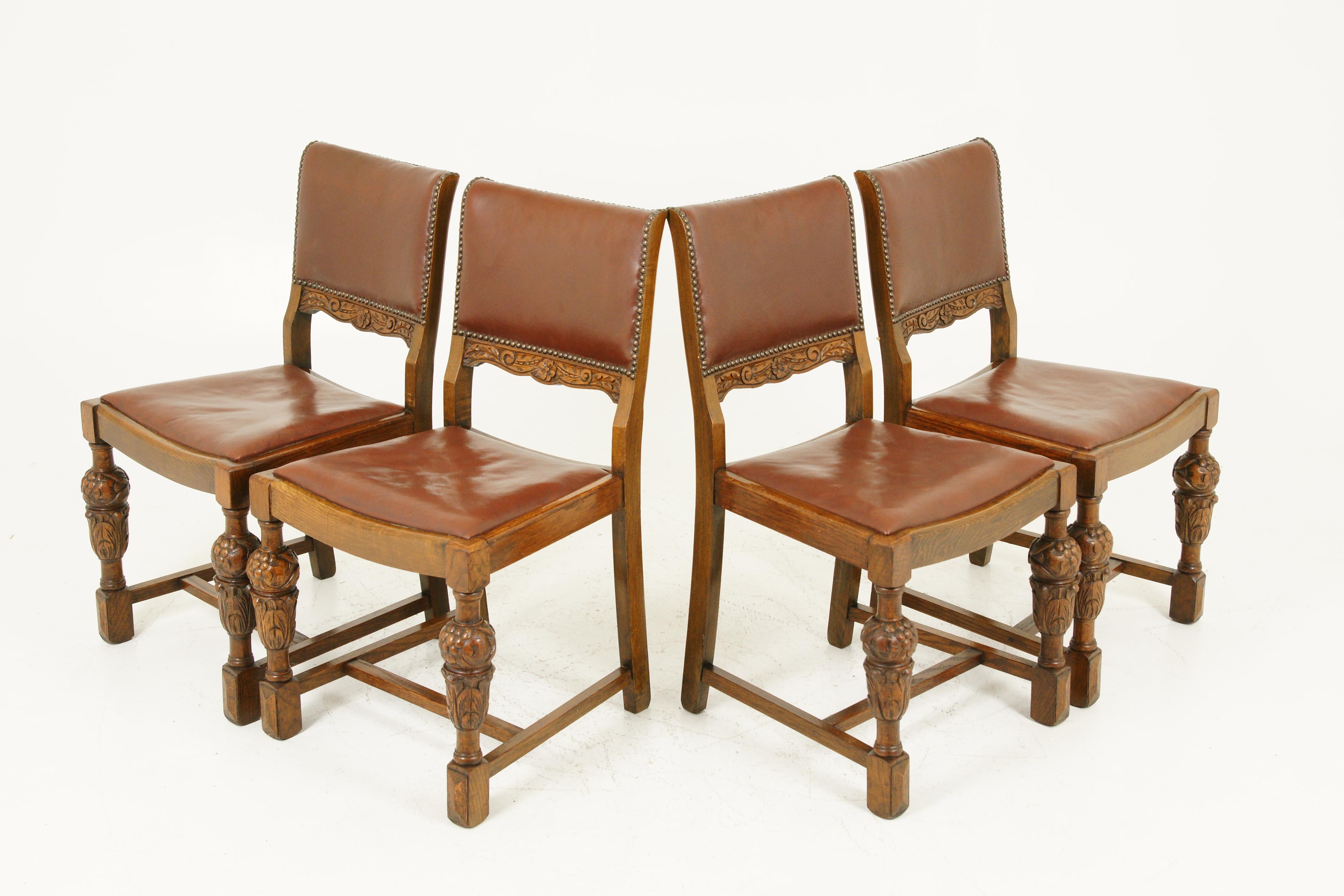 Art Deco dining chairs, bulbous legs, carved oak, Scotland 1930, Antique Furniture, B1709B

Scotland, 1930
solid oak with original finish
upholstered backs with carved center rails
lift out leather seats below
standing on carved bulbous front