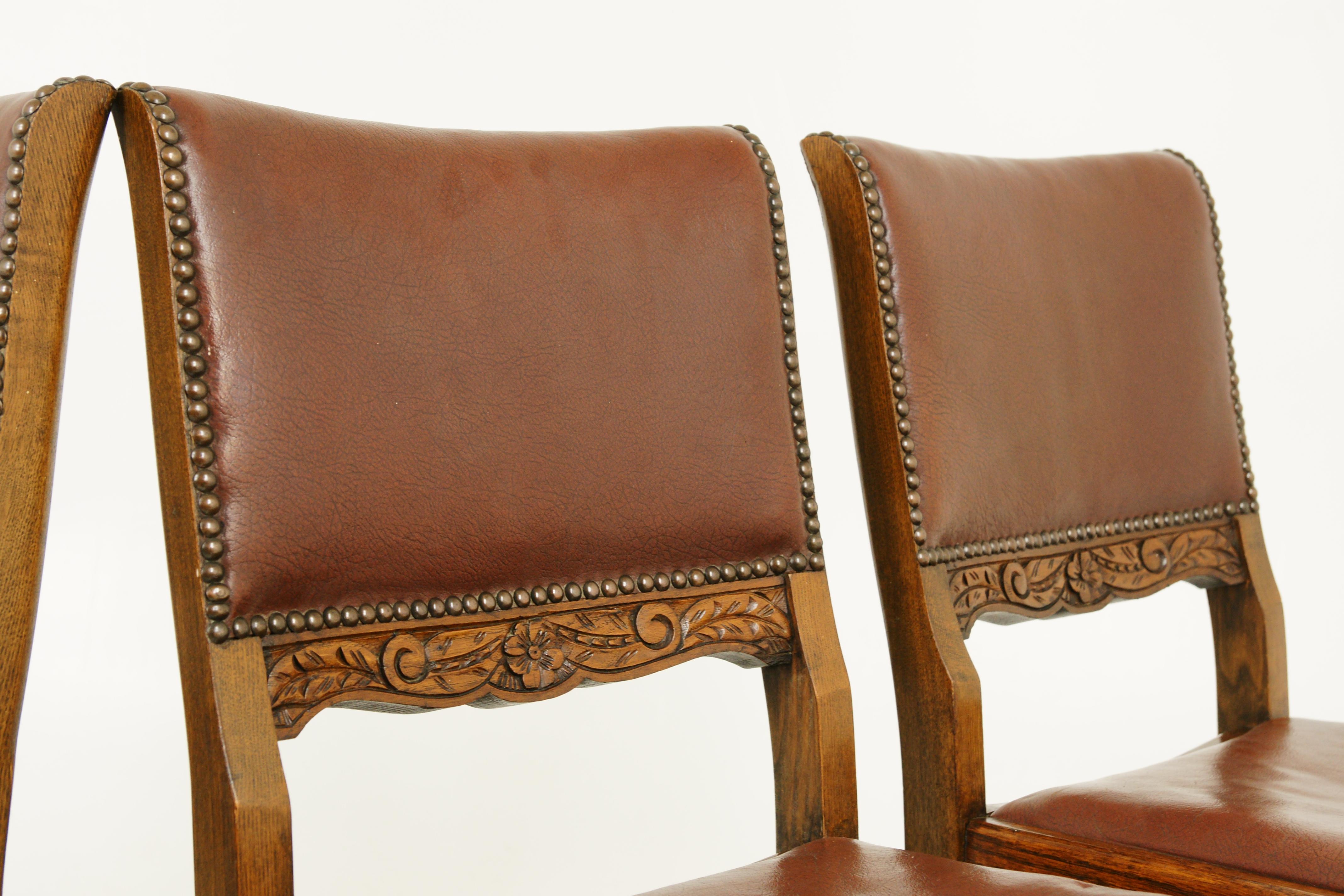 Hand-Crafted Antique Art Deco Dining Chairs, Bulbous Legs, Carved Oak, Scotland 1930, B1709B