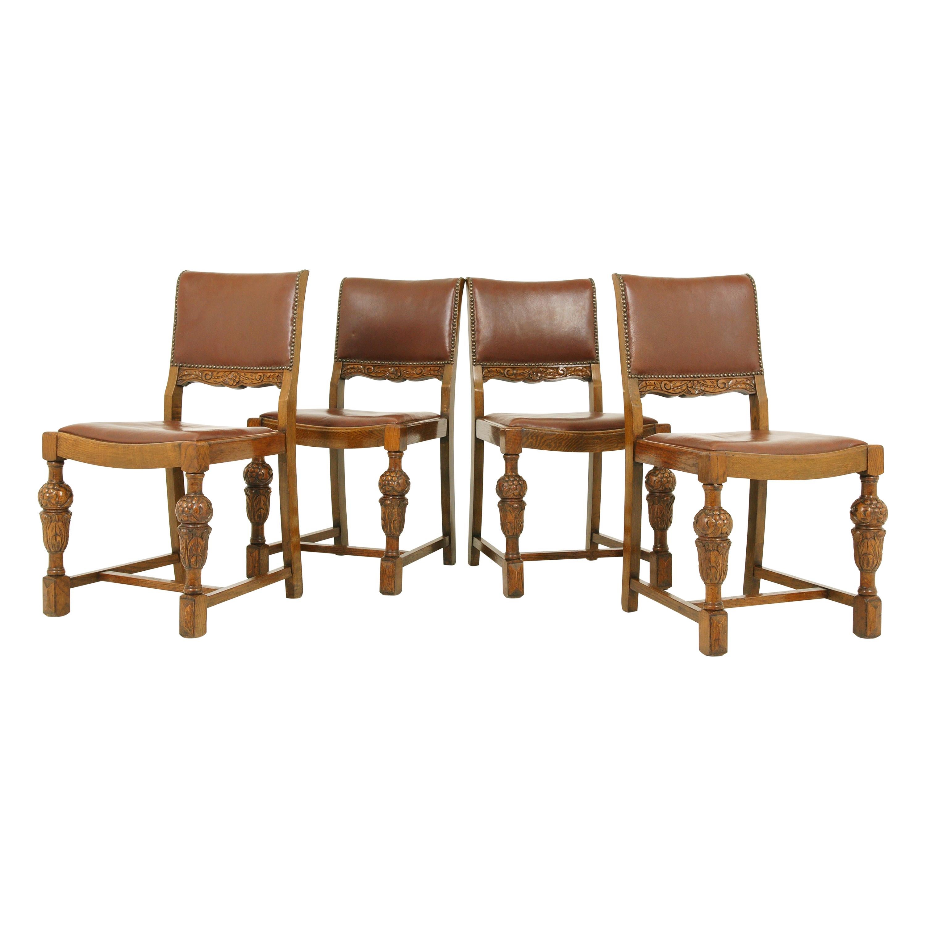 Antique Art Deco Dining Chairs, Bulbous Legs, Carved Oak, Scotland 1930, B1709B