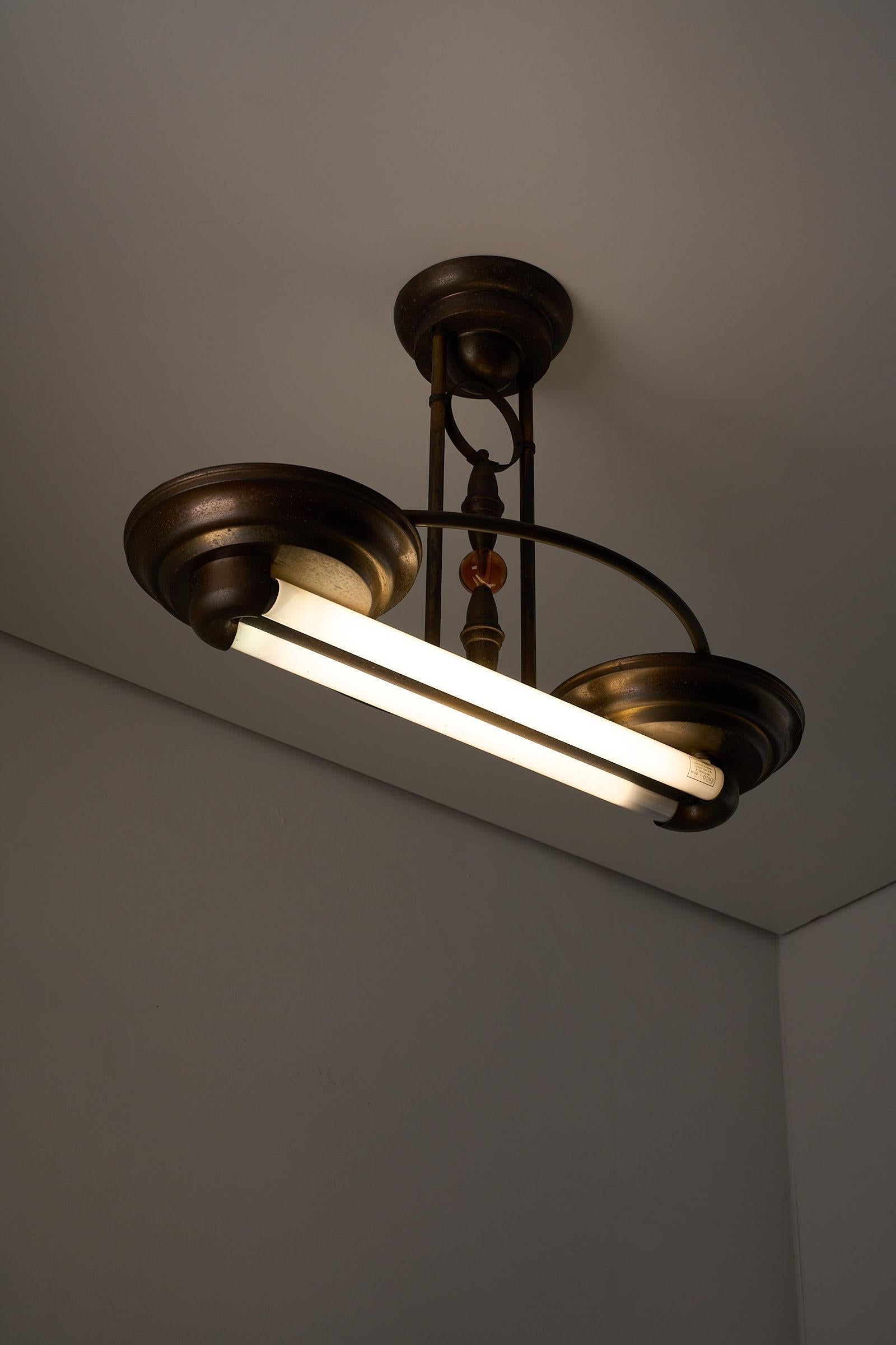 Antique Art Deco Double Fluorescent Ceiling Fixture in Patinated Bronze For Sale 4