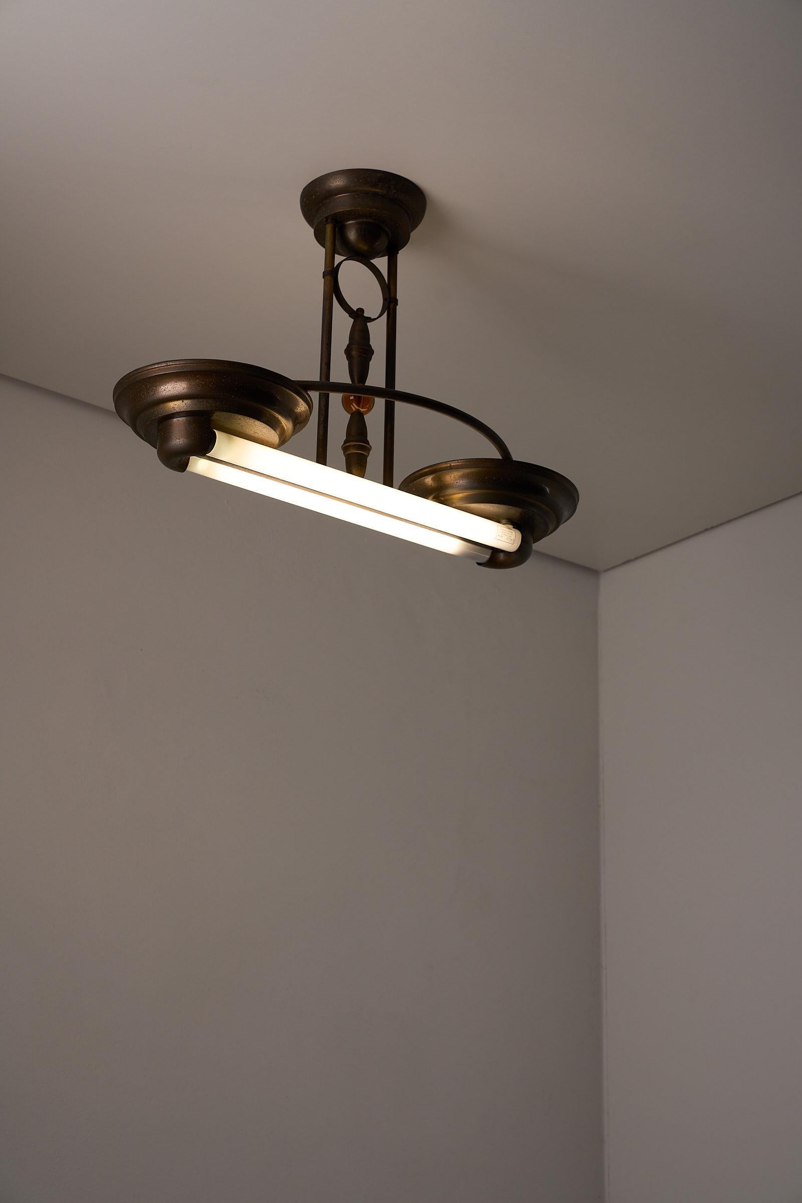 Industrial Antique Art Deco Double Fluorescent Ceiling Fixture in Patinated Bronze For Sale