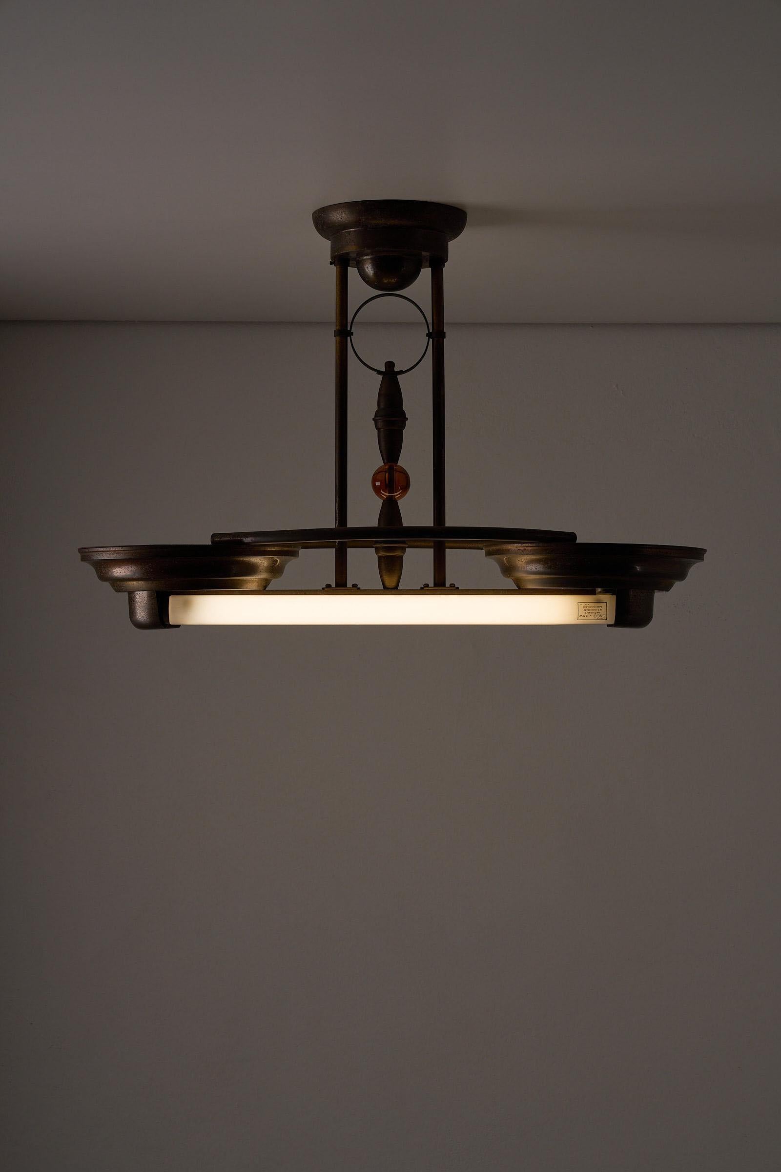 Hand-Crafted Antique Art Deco Double Fluorescent Ceiling Fixture in Patinated Bronze For Sale