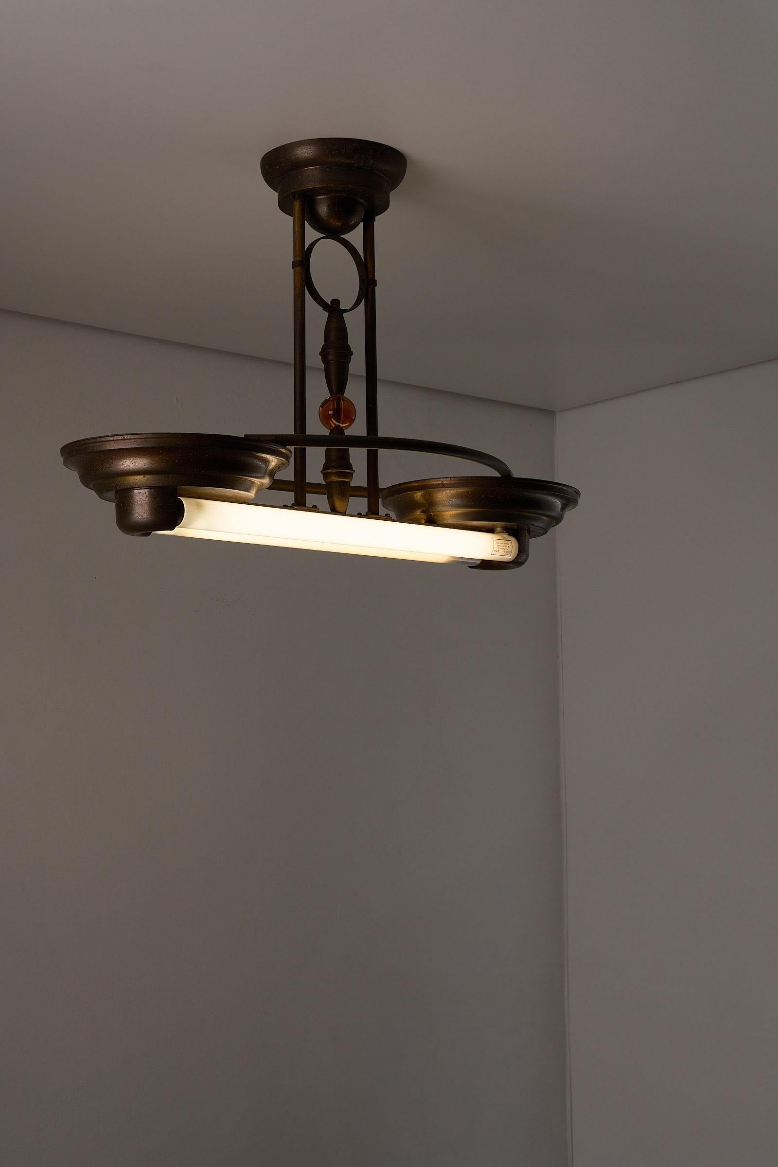 Antique Art Deco Double Fluorescent Ceiling Fixture in Patinated Bronze In Good Condition For Sale In Mortsel, BE