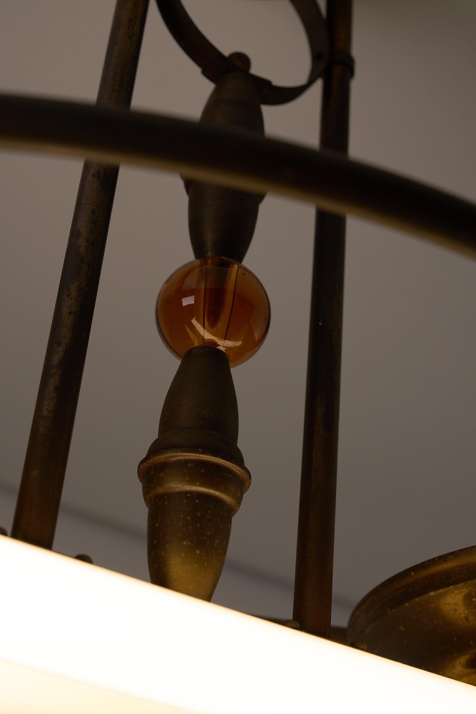 Mid-20th Century Antique Art Deco Double Fluorescent Ceiling Fixture in Patinated Bronze For Sale