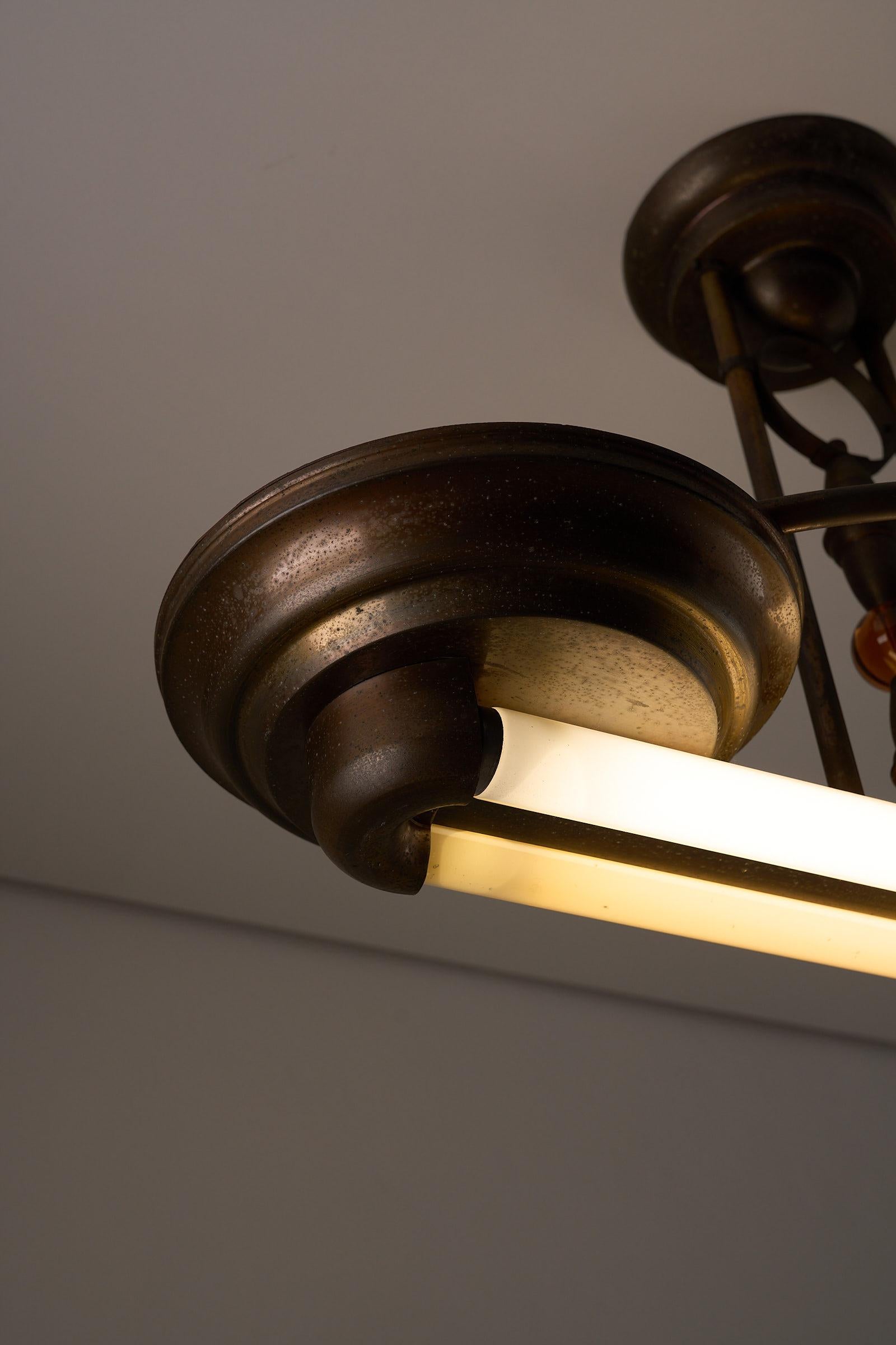 Brass Antique Art Deco Double Fluorescent Ceiling Fixture in Patinated Bronze For Sale