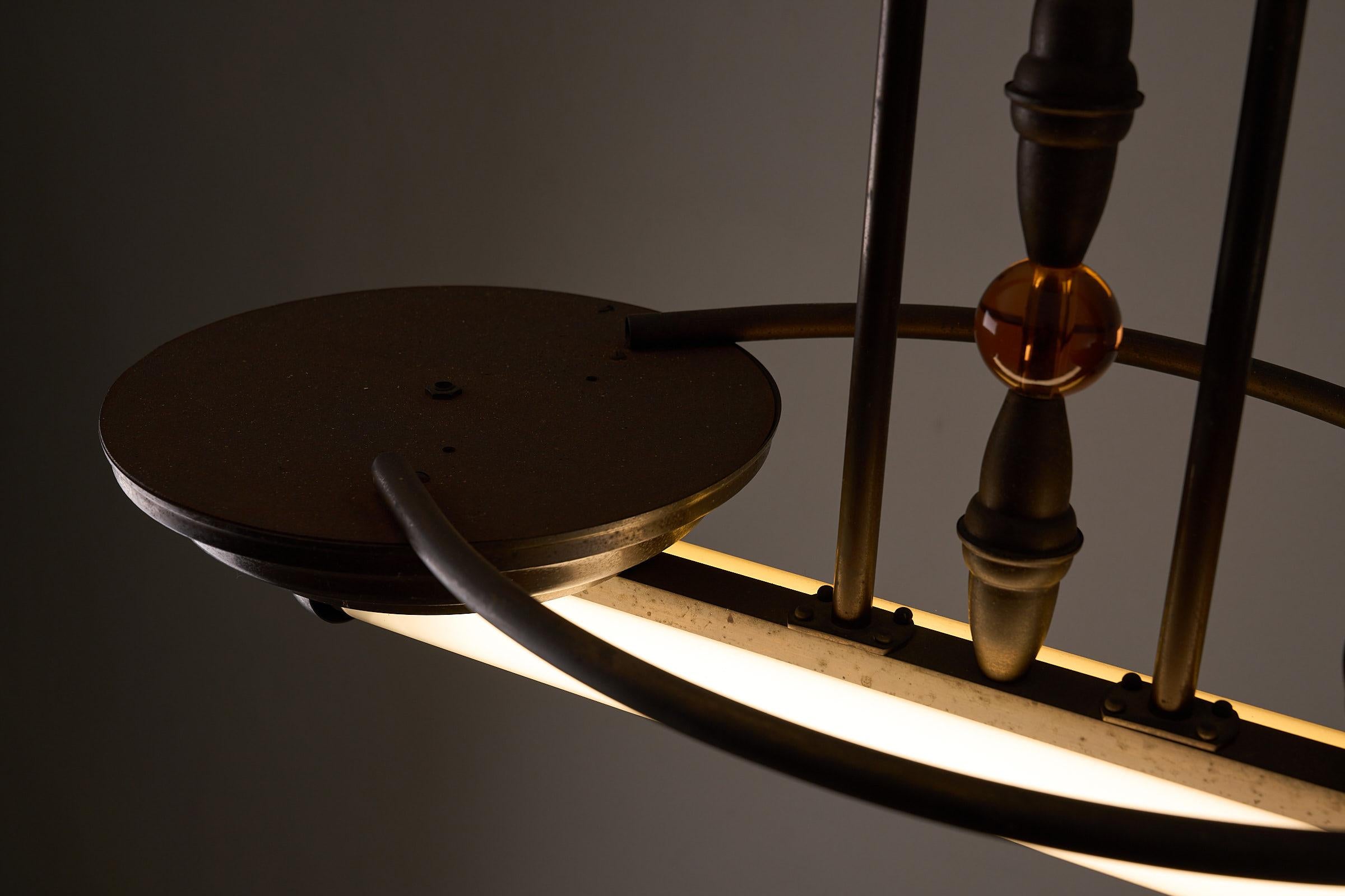 Antique Art Deco Double Fluorescent Ceiling Fixture in Patinated Bronze For Sale 1