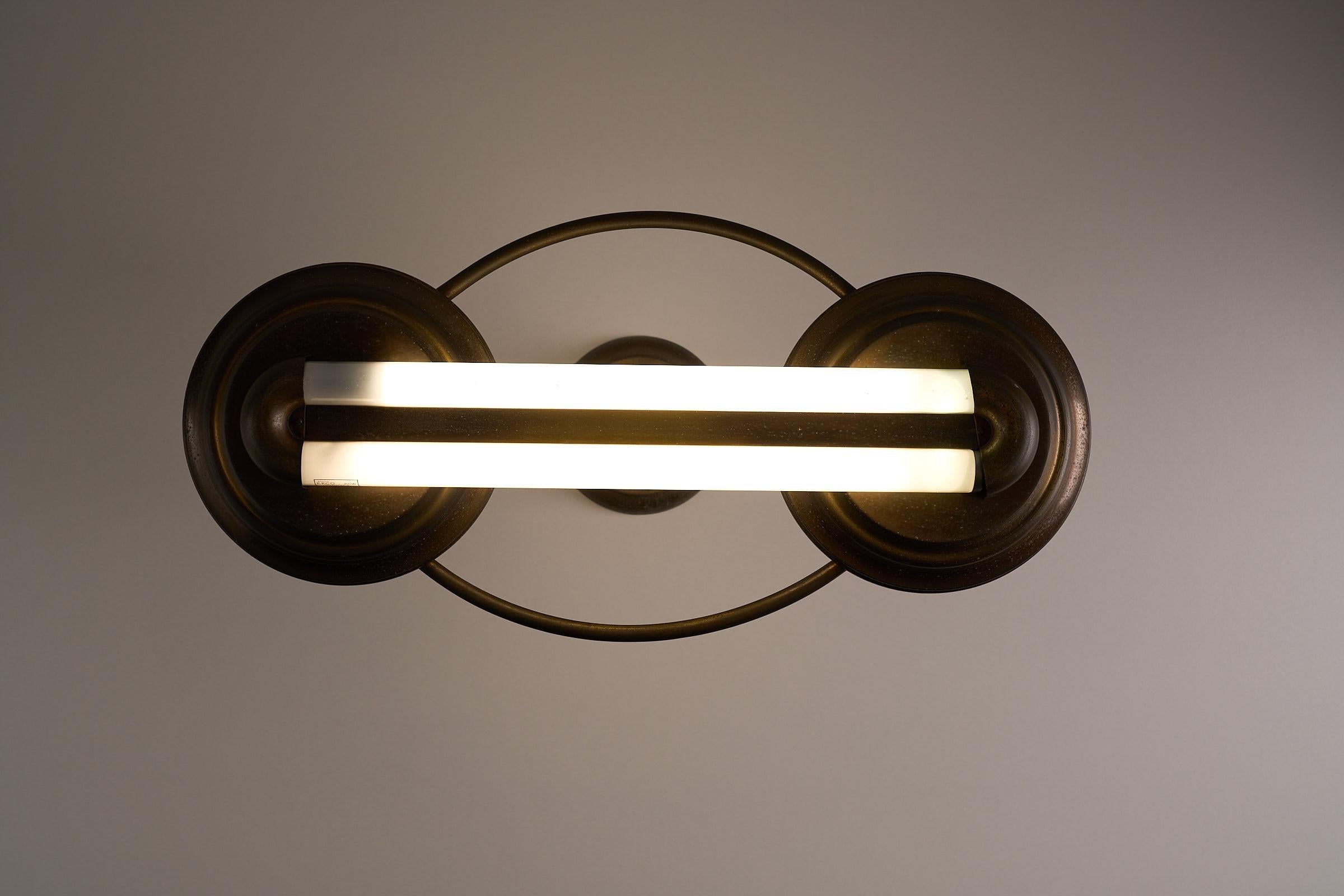 Antique Art Deco Double Fluorescent Ceiling Fixture in Patinated Bronze For Sale 2