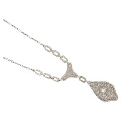 Antique Art Deco Drop Pendant Filigree Necklace 14k White Gold