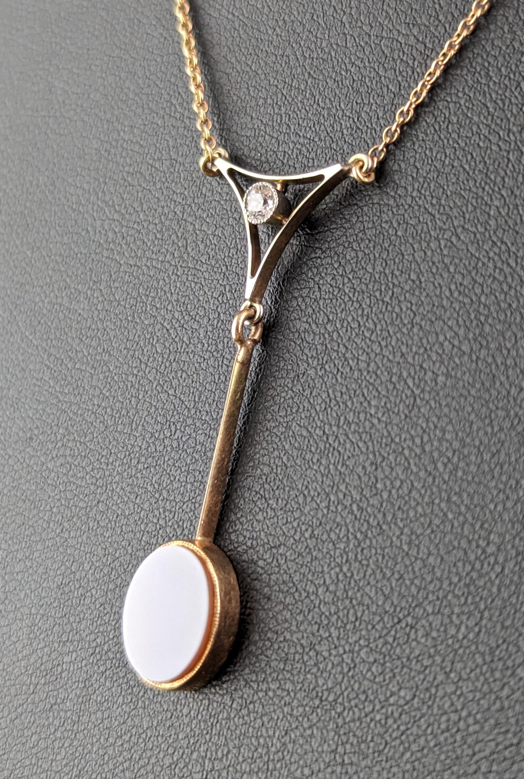 Old European Cut Antique Art Deco drop pendant necklace, Diamond and Sardonyx, 9kt gold  For Sale