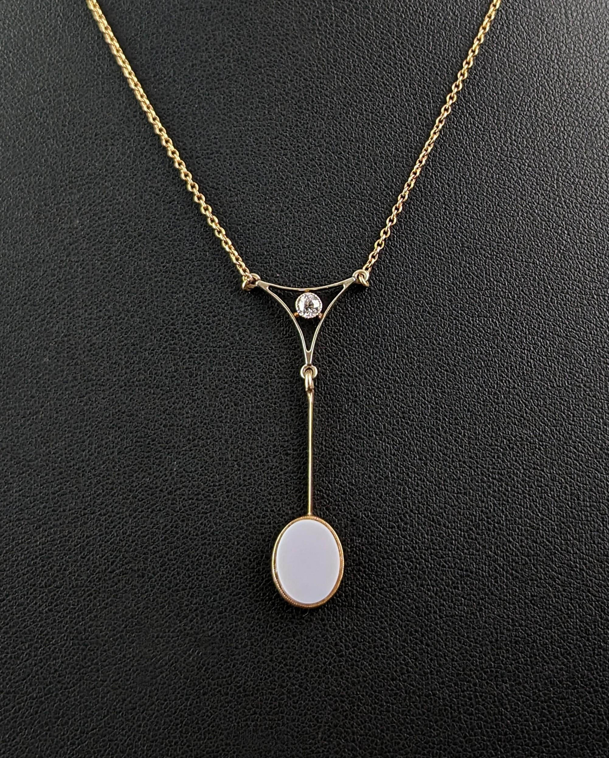 Antique Art Deco drop pendant necklace, Diamond and Sardonyx, 9kt gold  For Sale 3