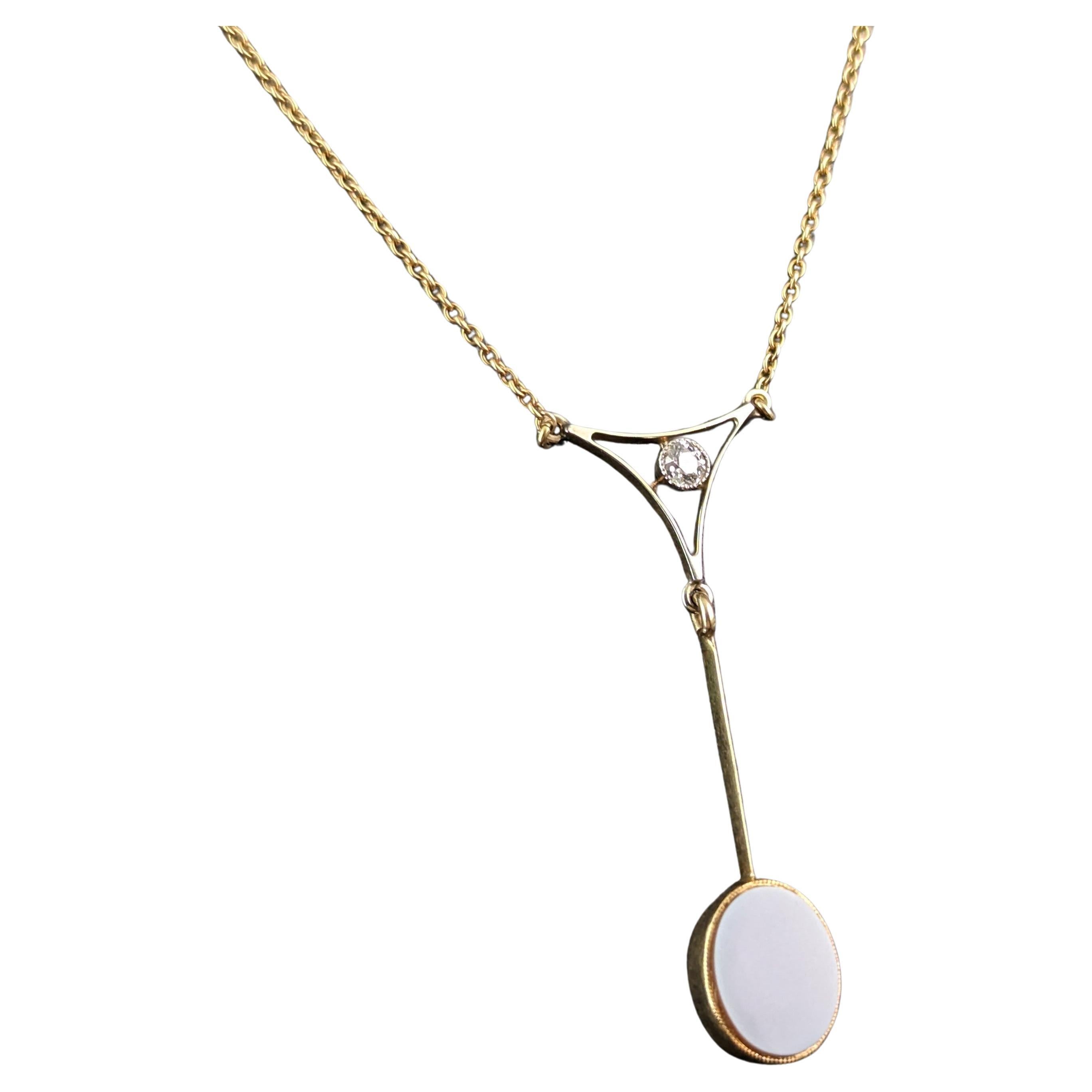 Antique Art Deco drop pendant necklace, Diamond and Sardonyx, 9kt gold  For Sale