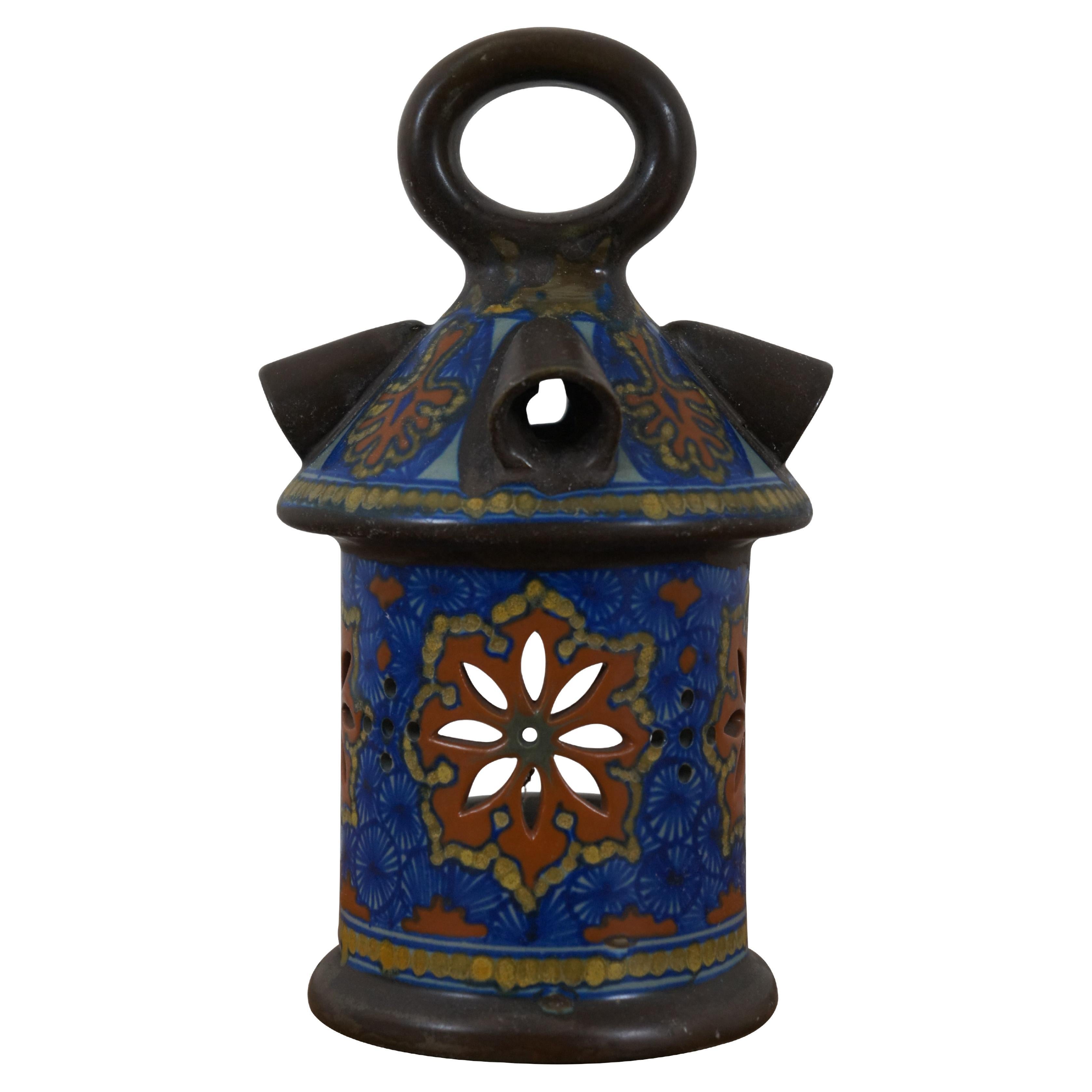 Antique Art Deco Dutch Gouda a Jour Ceramic Night Light Candle Lantern Votive 9" For Sale
