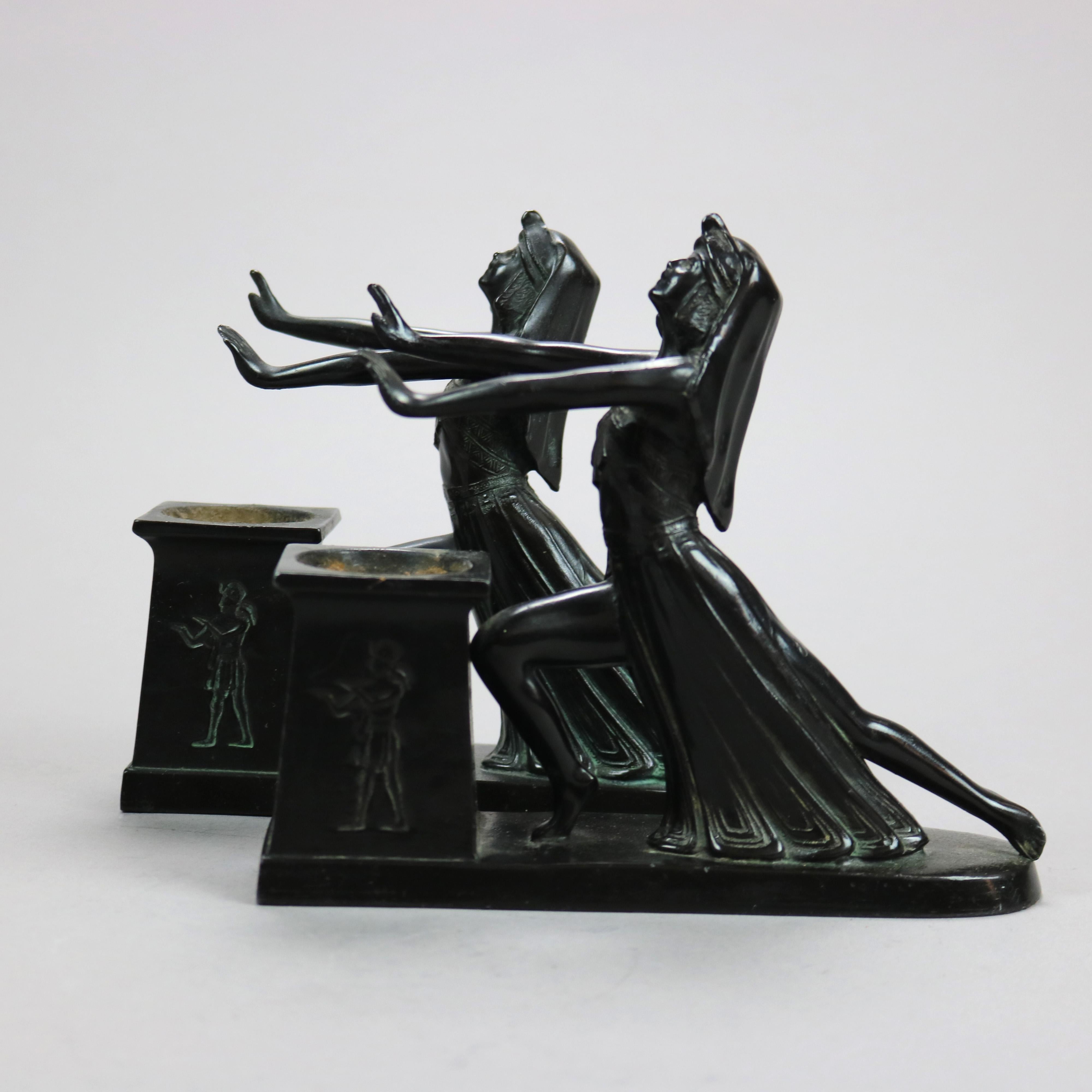 Cast Antique Art Deco Egyptian Ebonized Figural Incense Burners by L.v. Aronson, 1924
