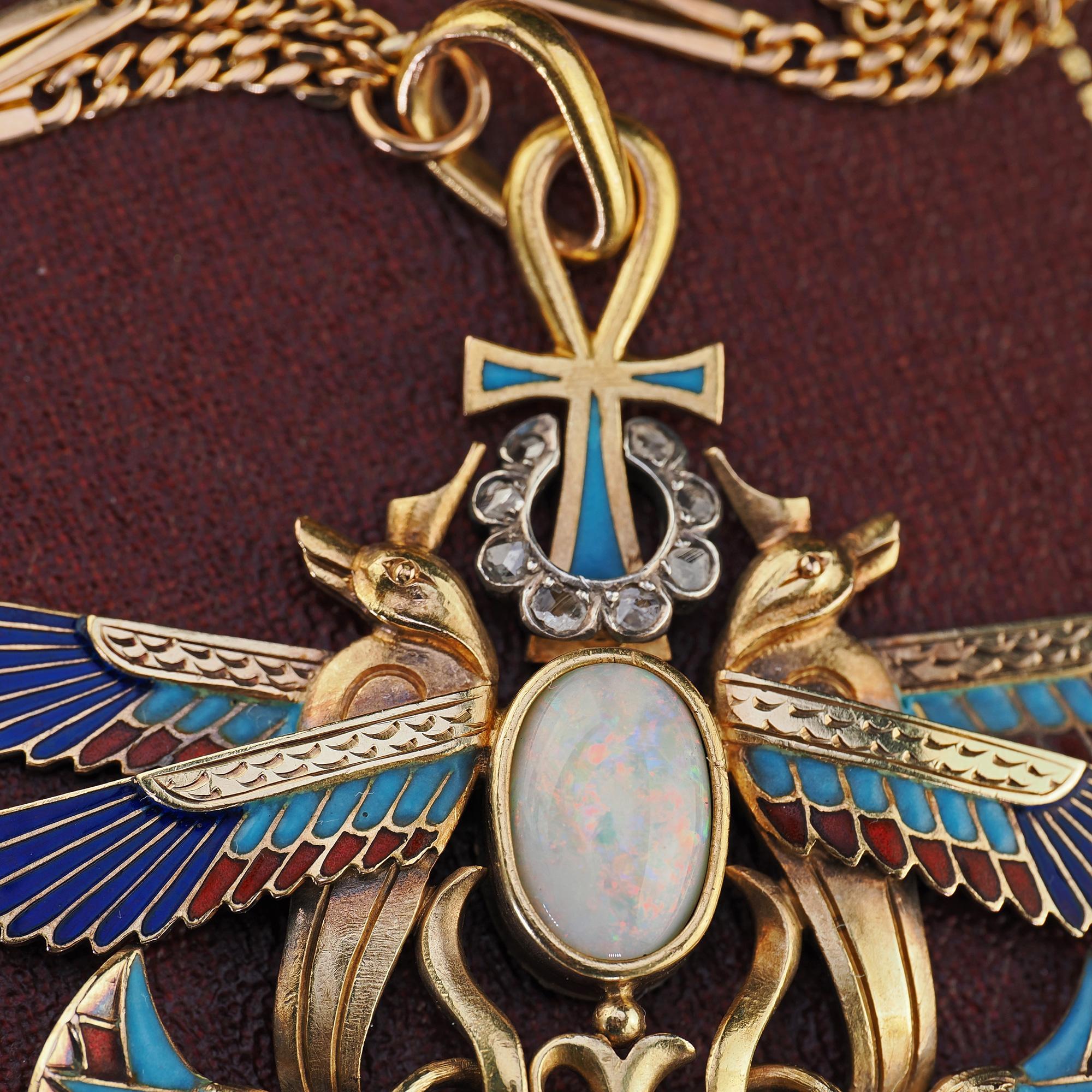 Antique Art Deco Egyptian Revival 18K Yellow Gold Opal Diamond Garnet Pendant For Sale 5