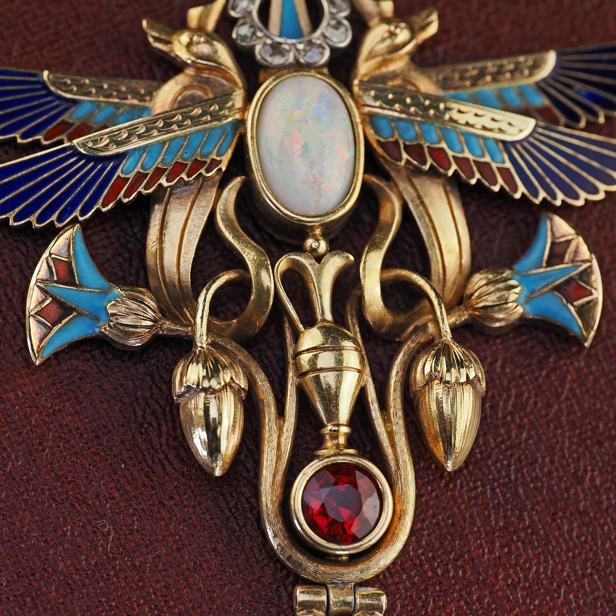 Antique Art Deco Egyptian Revival 18K Yellow Gold Opal Diamond Garnet Pendant For Sale 6